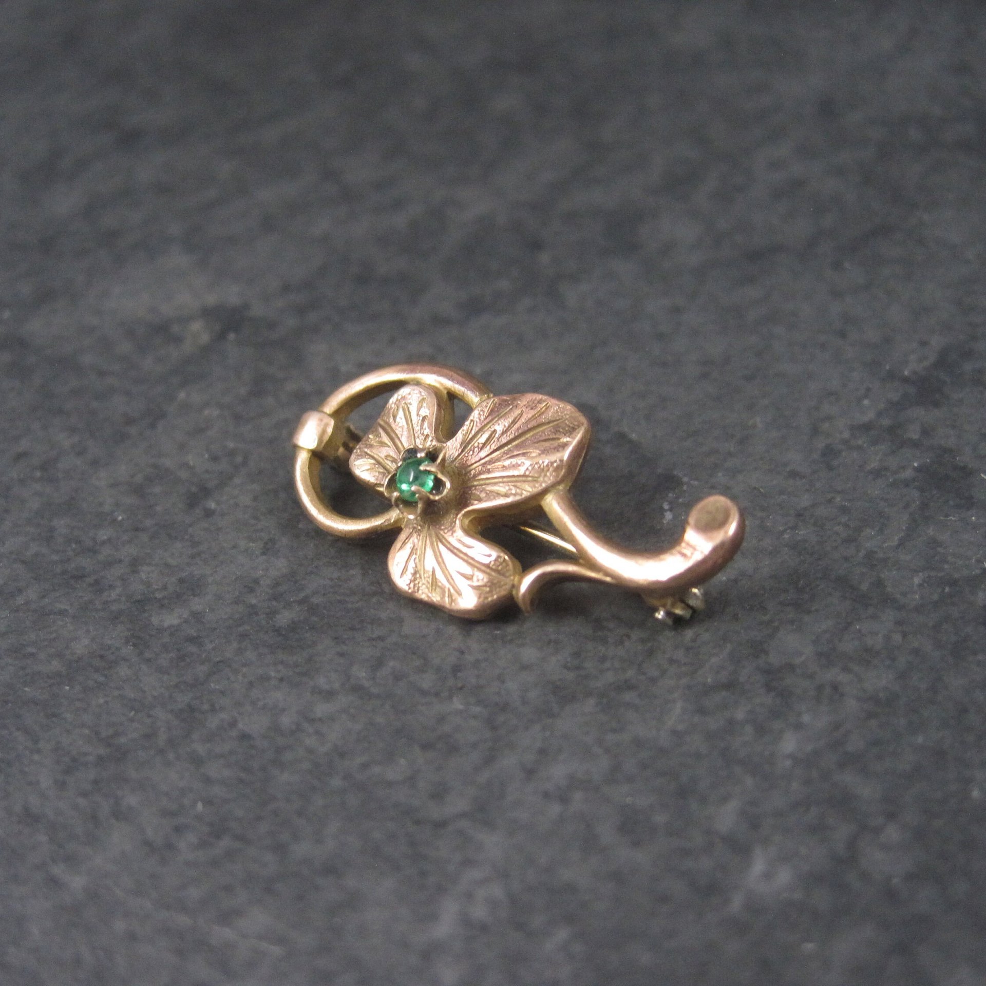 Estate Rose Gold Filled Green Rhinestone Leaf Brooch