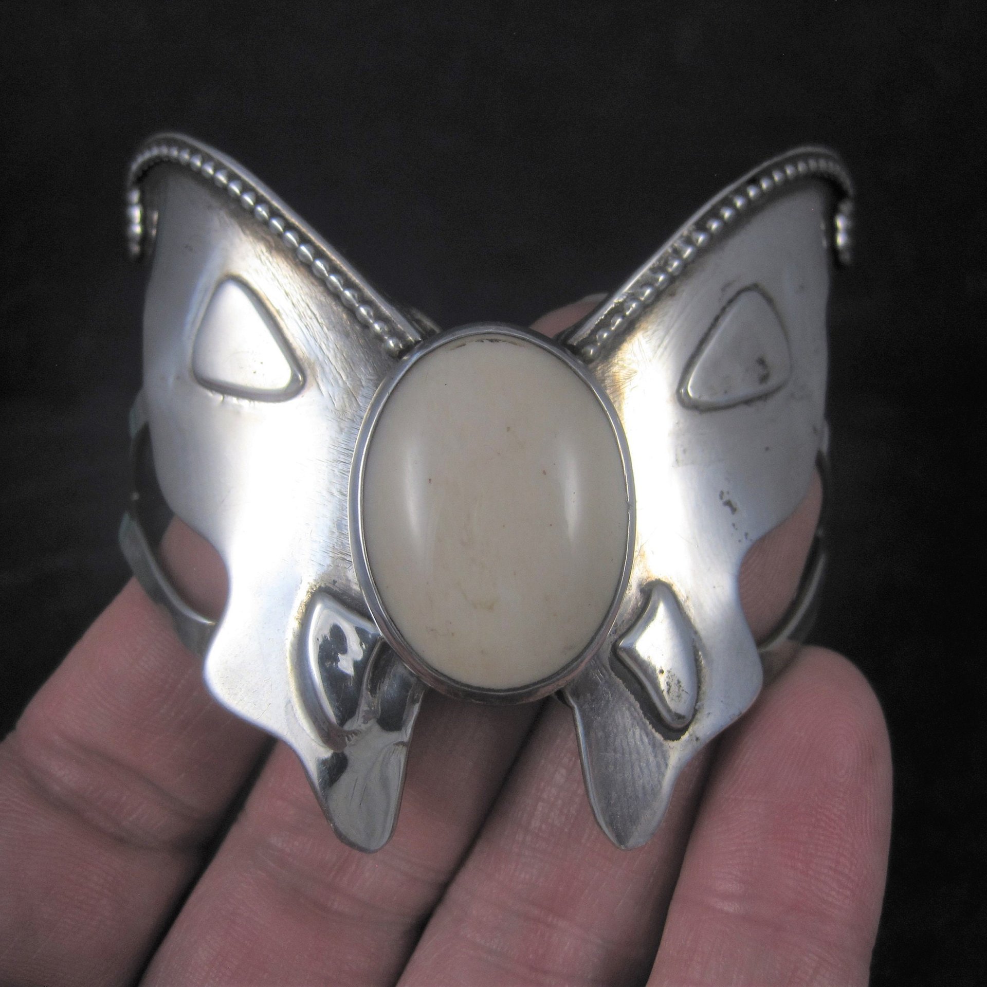 Large Estate Southwestern Sterling Agate Butterfly Cuff Bracelet 6 Inches