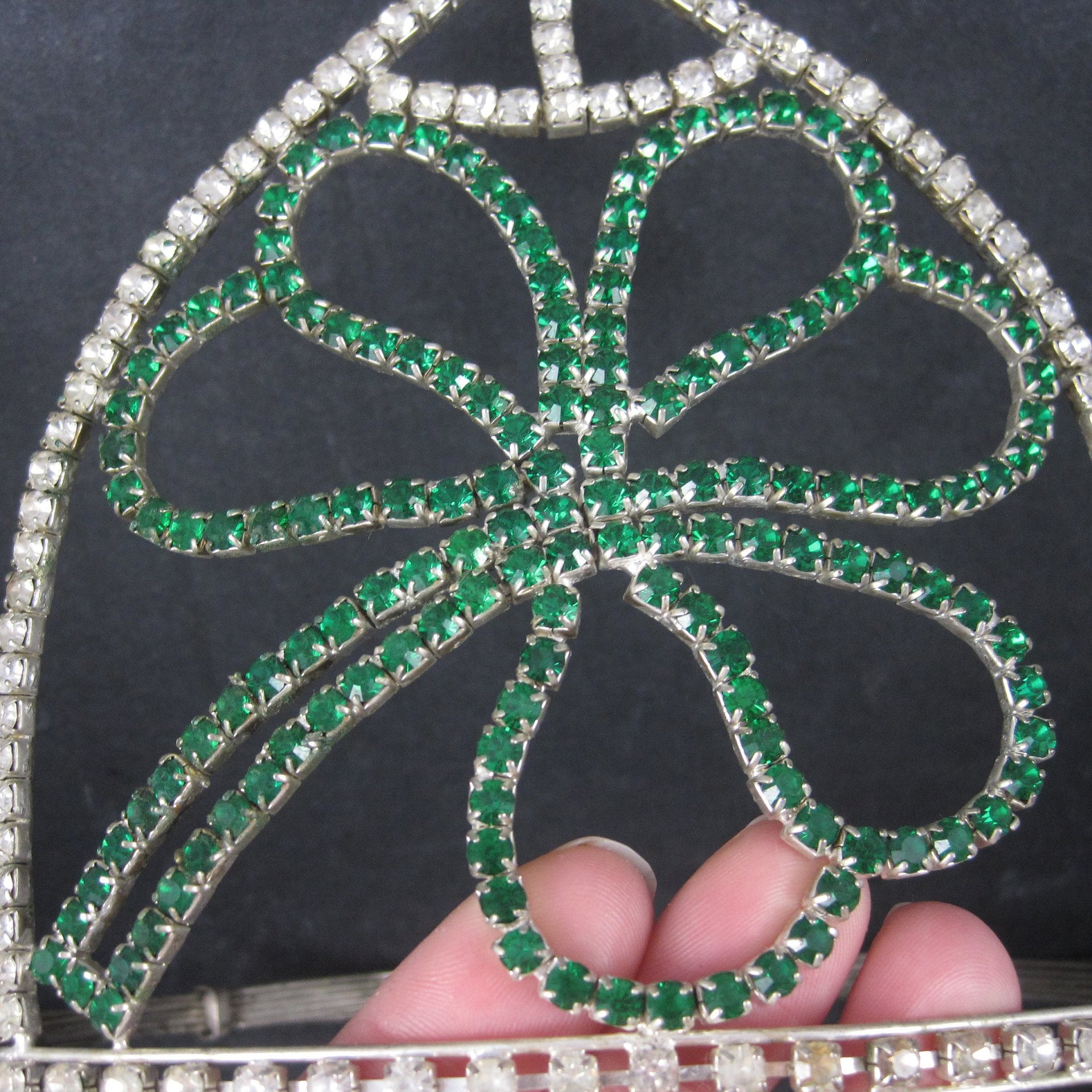 Large 5 Inch Vintage Clover Rhinestone Crown Tiara