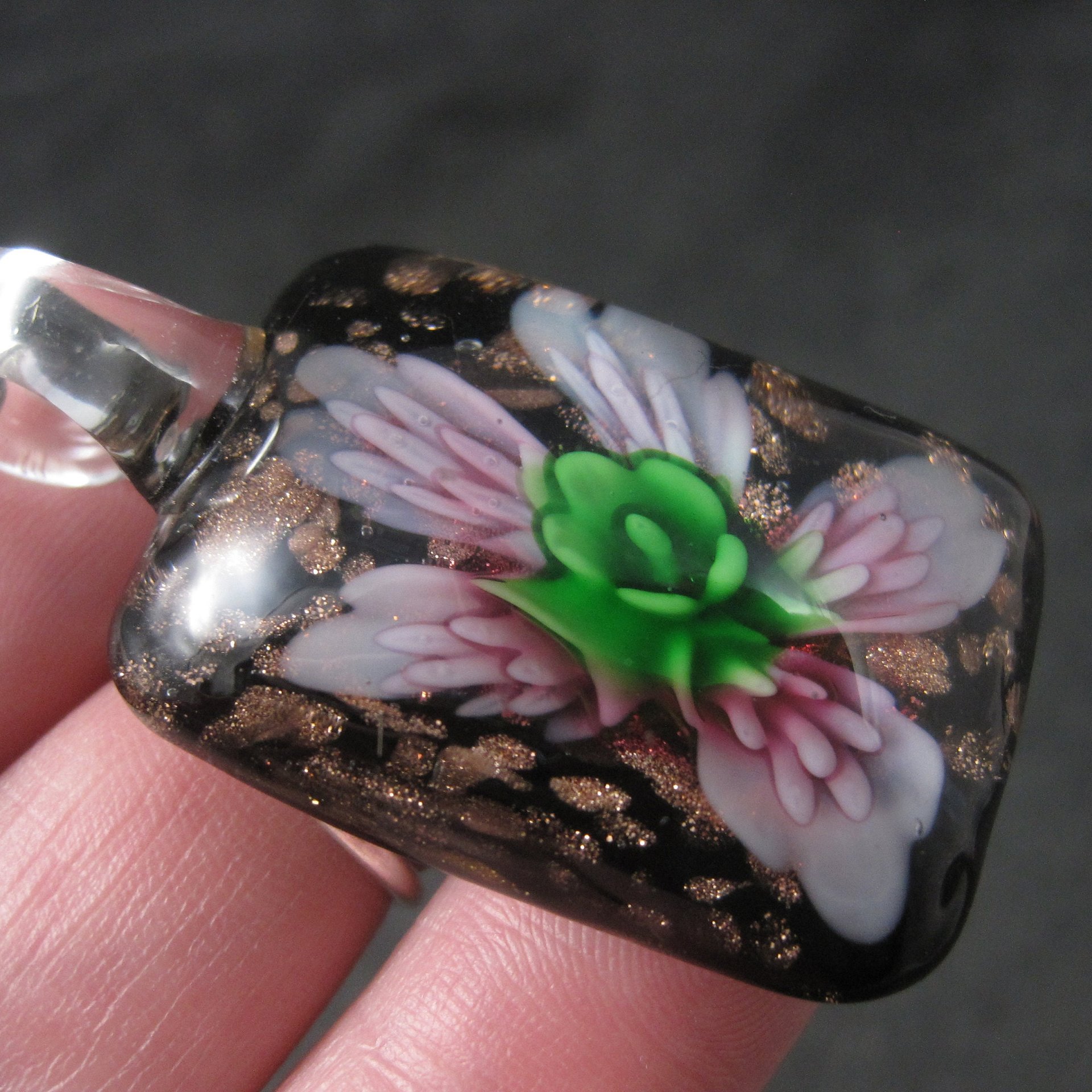 Vintage Pink Floral Murano Style Art Glass Pendant