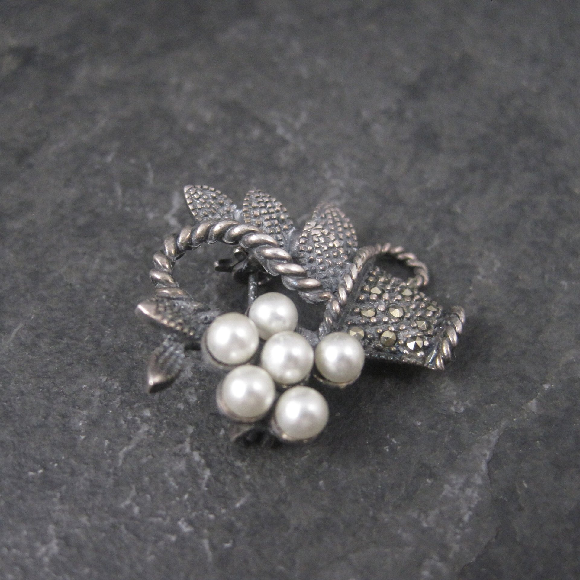 Vintage Sterling Marcasite Pearl Flower Basket Brooch