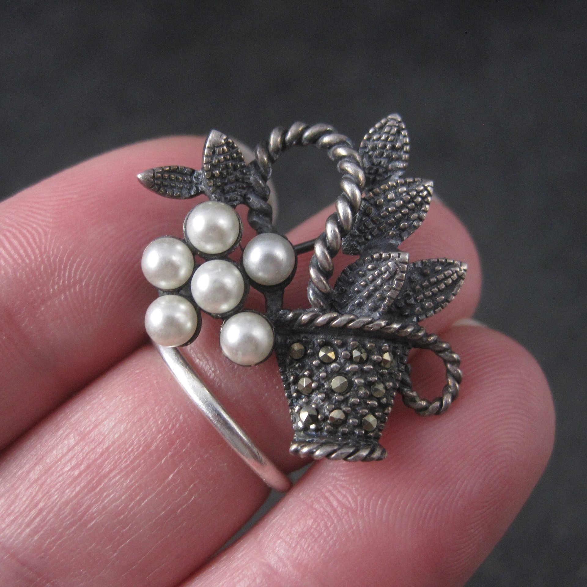 Vintage Sterling Marcasite Pearl Flower Basket Brooch