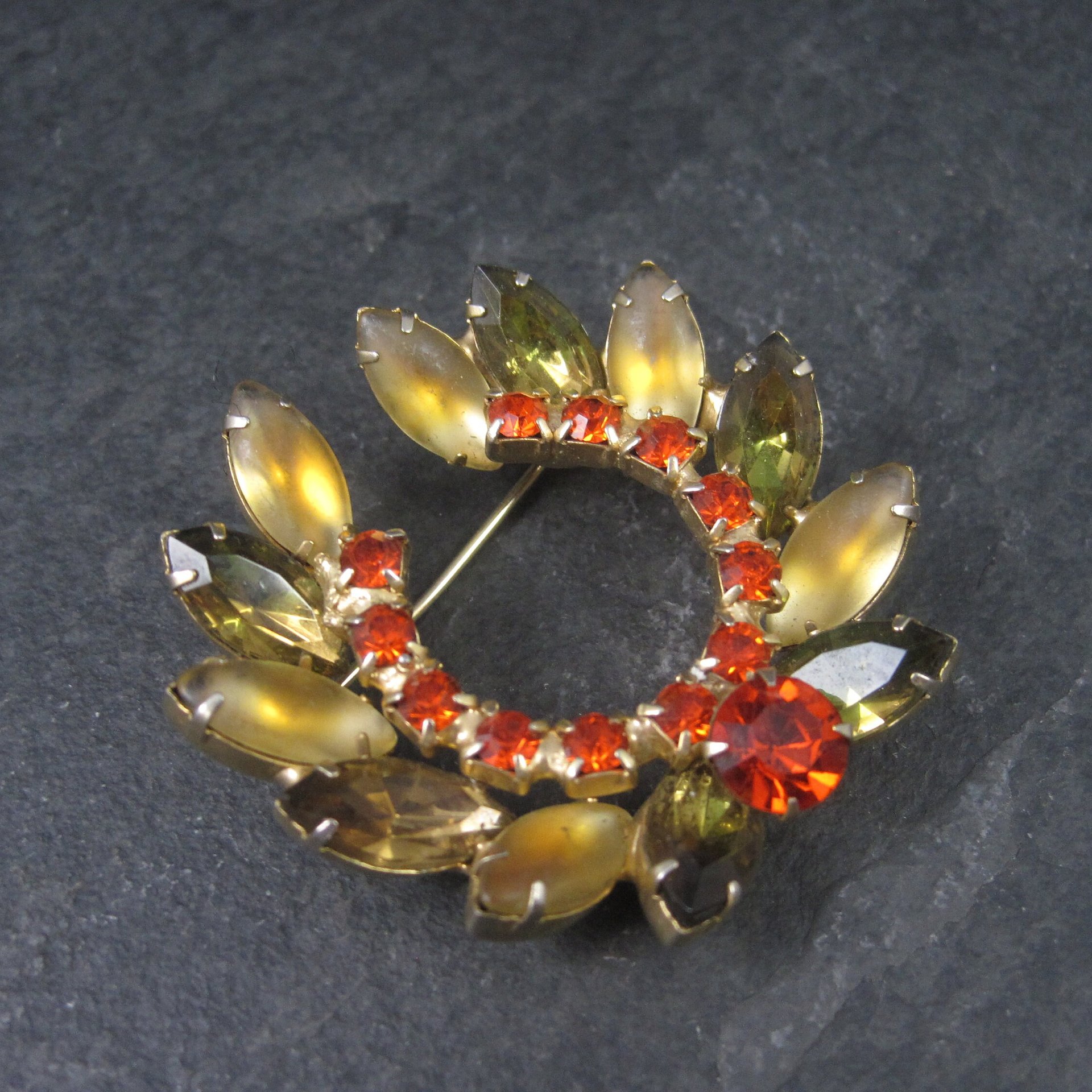 Vintage Juliana Orange Green Gold Rhinestone Brooch