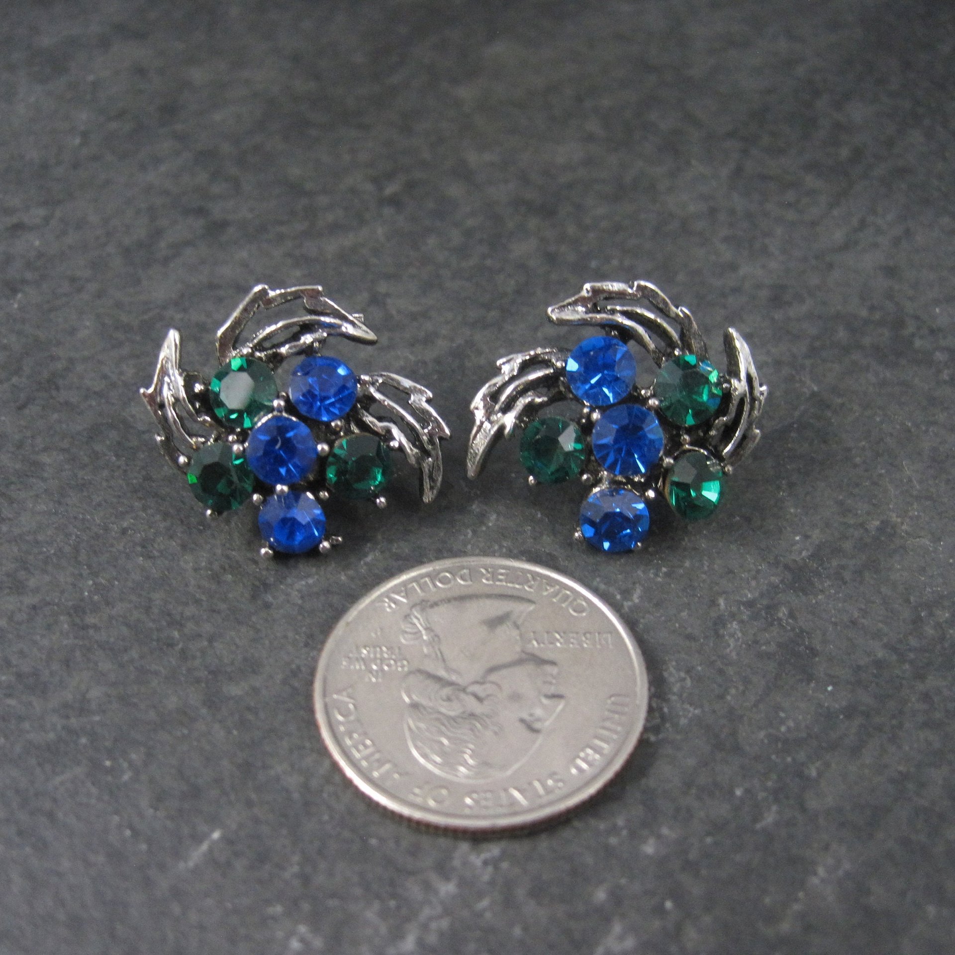 Vintage Blue and Green Rhinestone Clip On Earrings