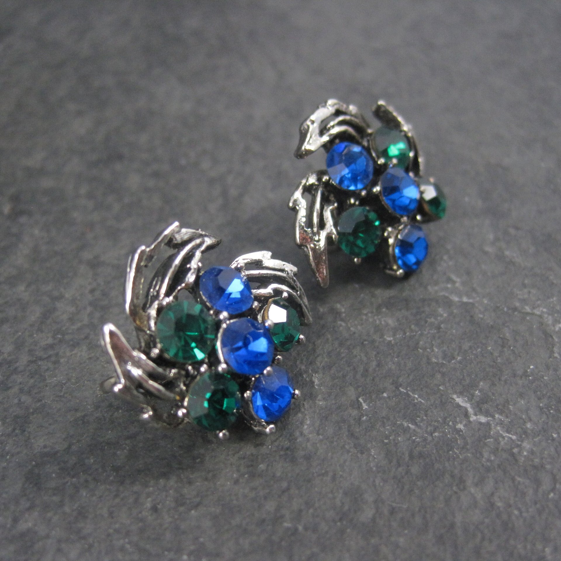 Vintage Blue and Green Rhinestone Clip On Earrings