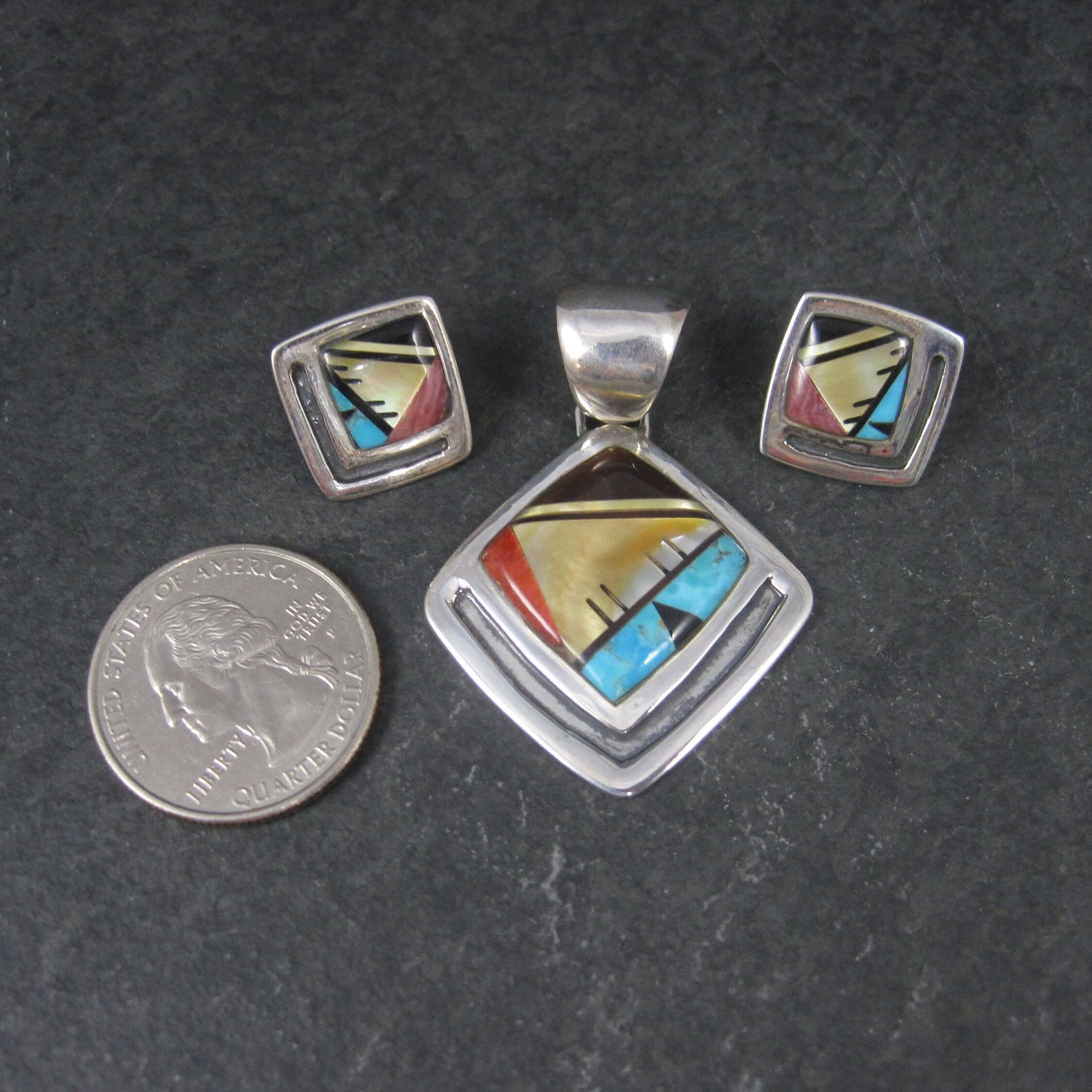 Vintage Southwestern Sterling Inlay Pendant and Earrings Jewelry Set