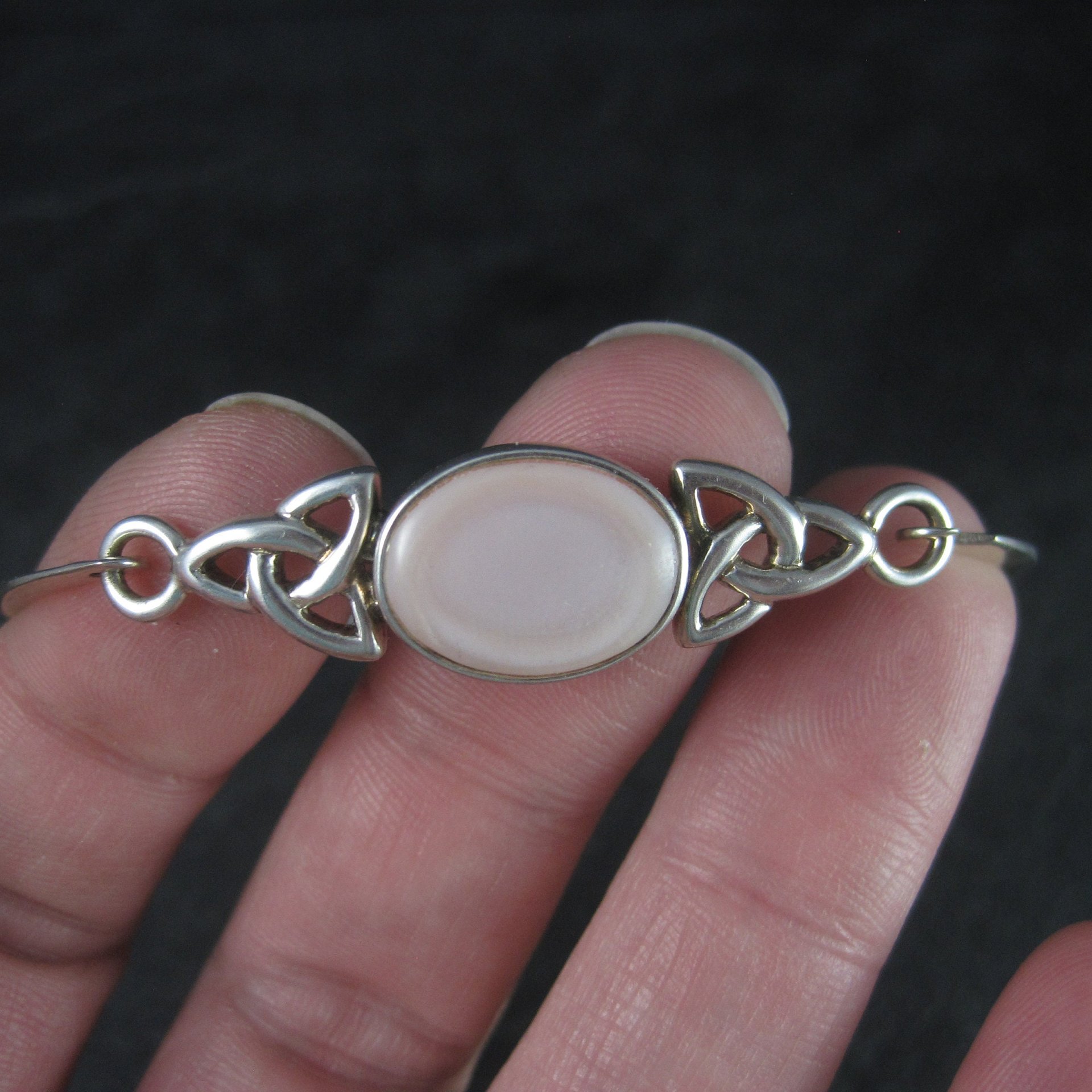 Vintage Celtic Triquetra Mother of Pearl Sterling Bangle Bracelet 7 Inches