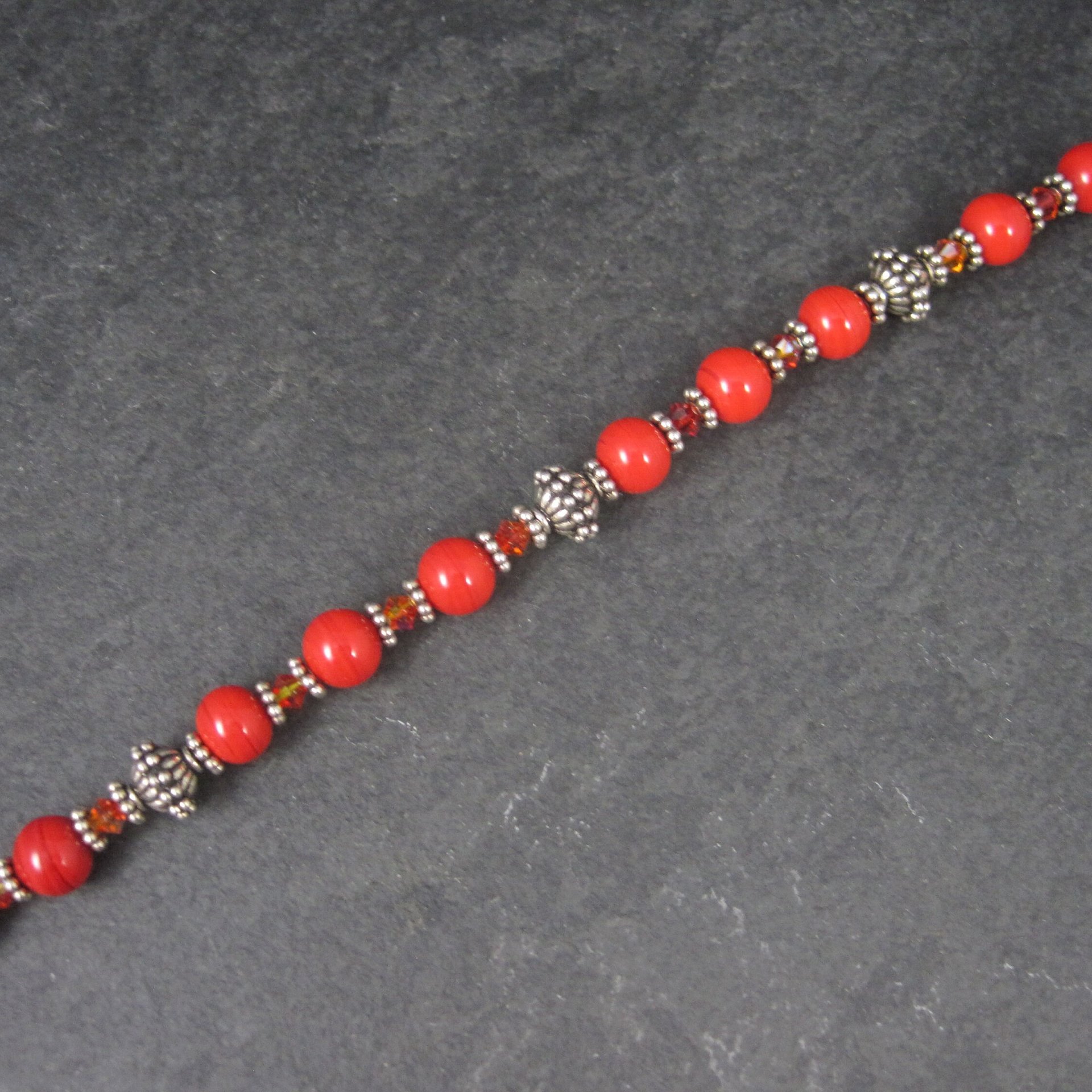 Red Glass and Crystal Bead Bracelet 7.5 Inches