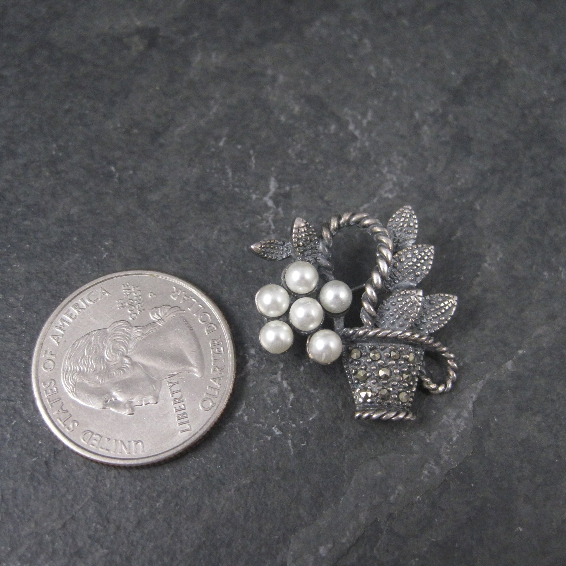 Vintage Sterling Marcasite Pearl Flower Basket Brooch