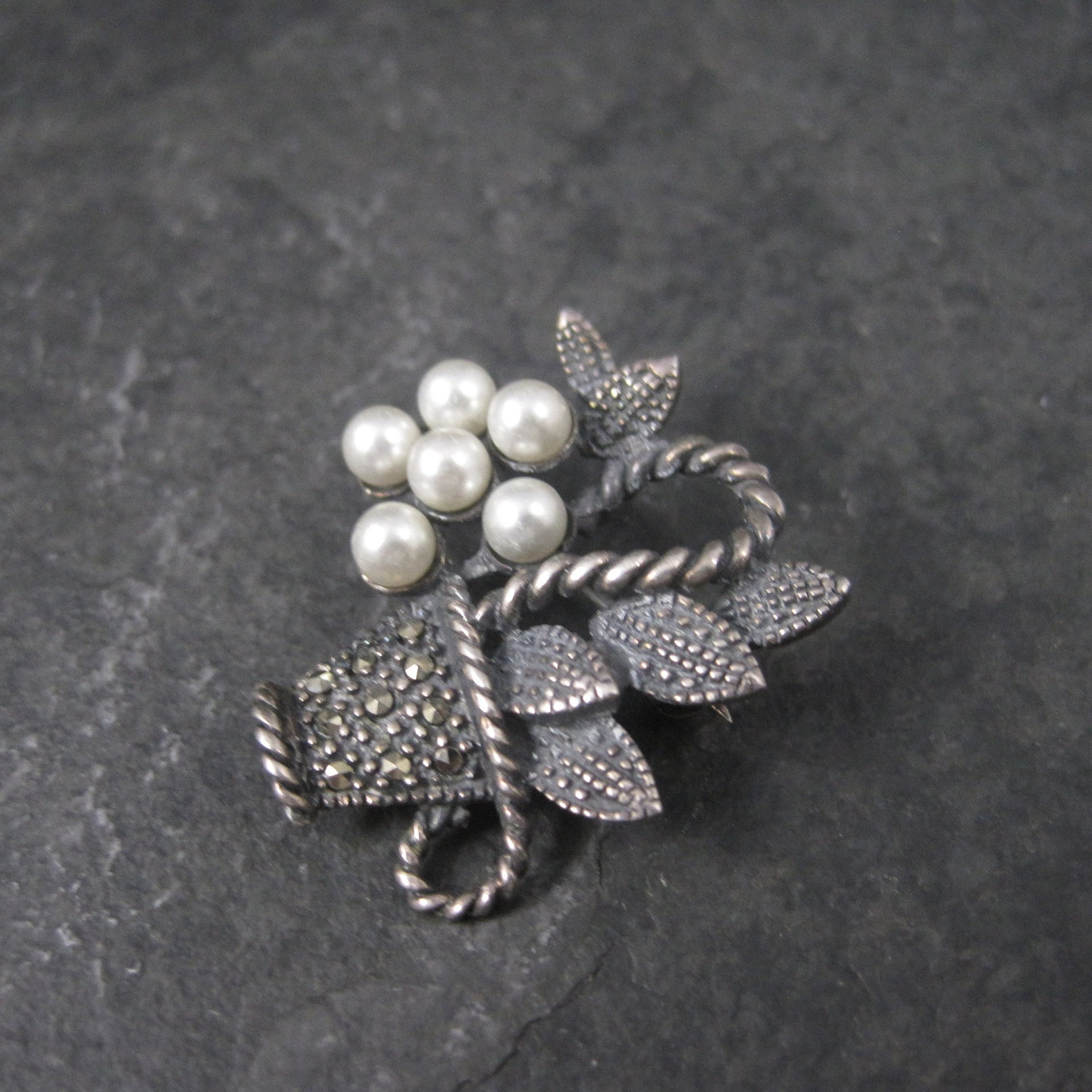 Vintage Sterling Marcasite Pearl Flower Basket Brooch