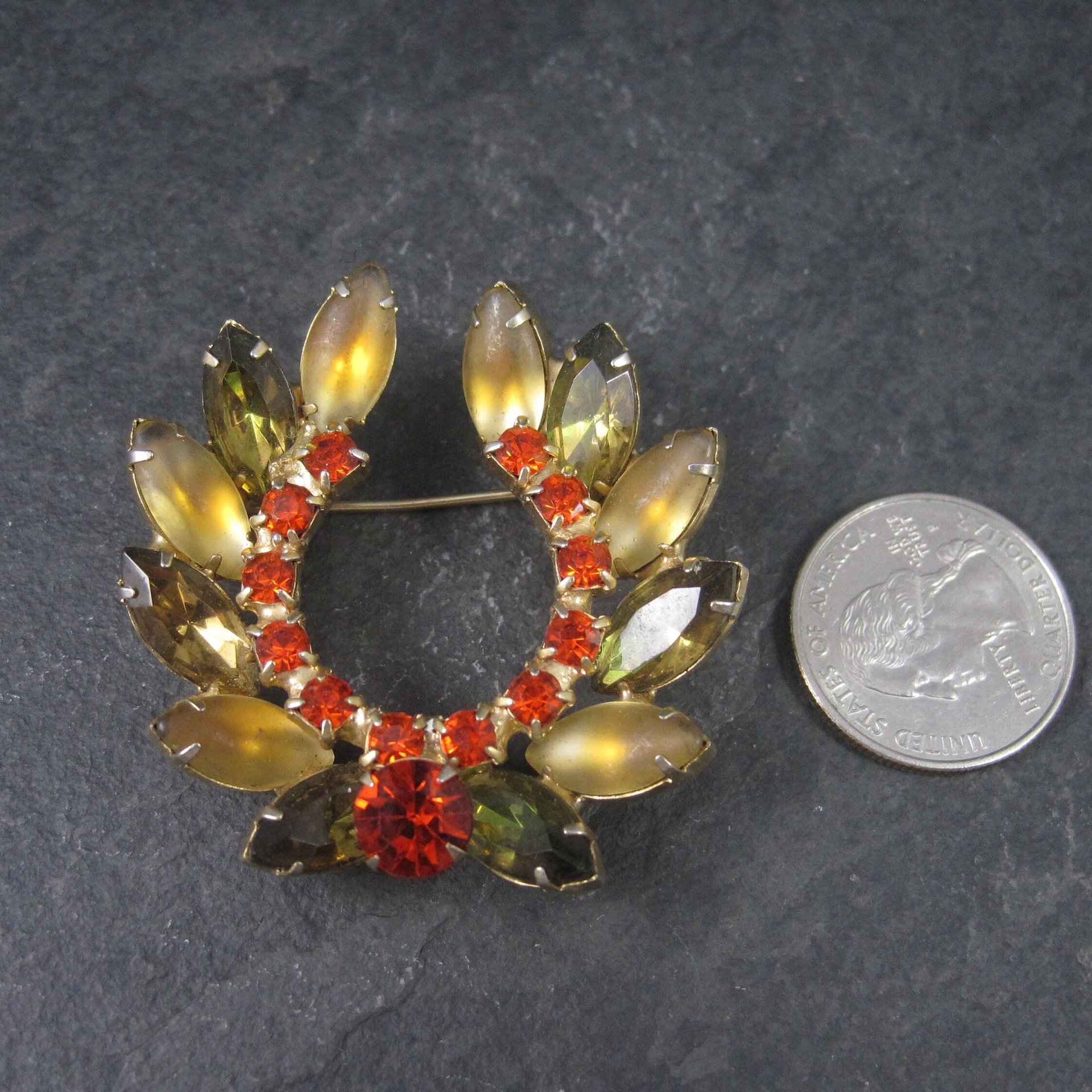 Vintage Juliana Orange Green Gold Rhinestone Brooch