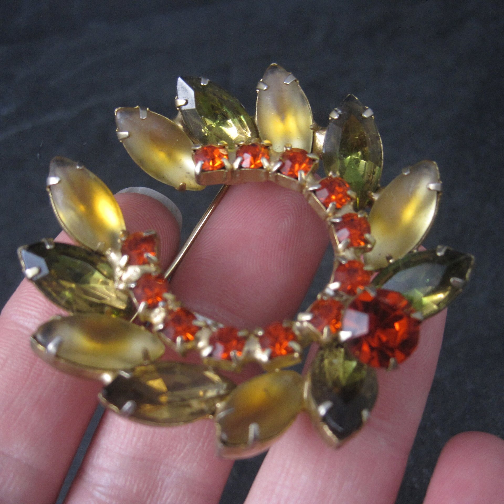 Vintage Juliana Orange Green Gold Rhinestone Brooch