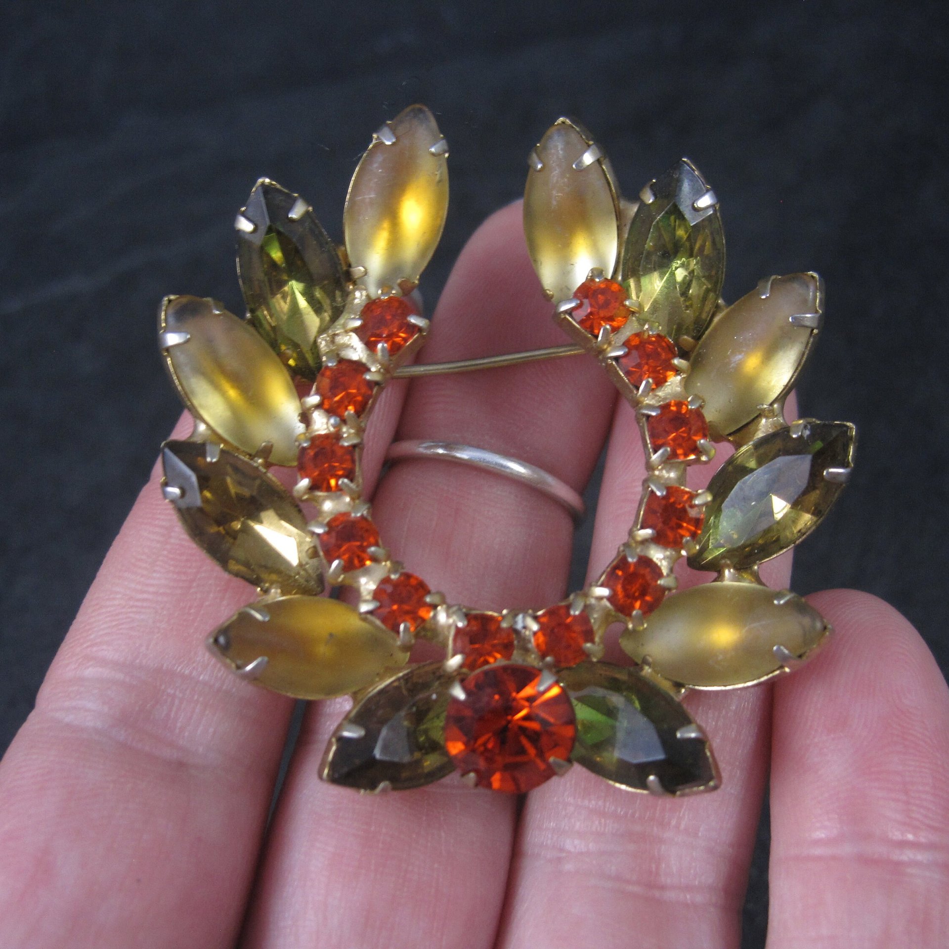 Vintage Juliana Orange Green Gold Rhinestone Brooch