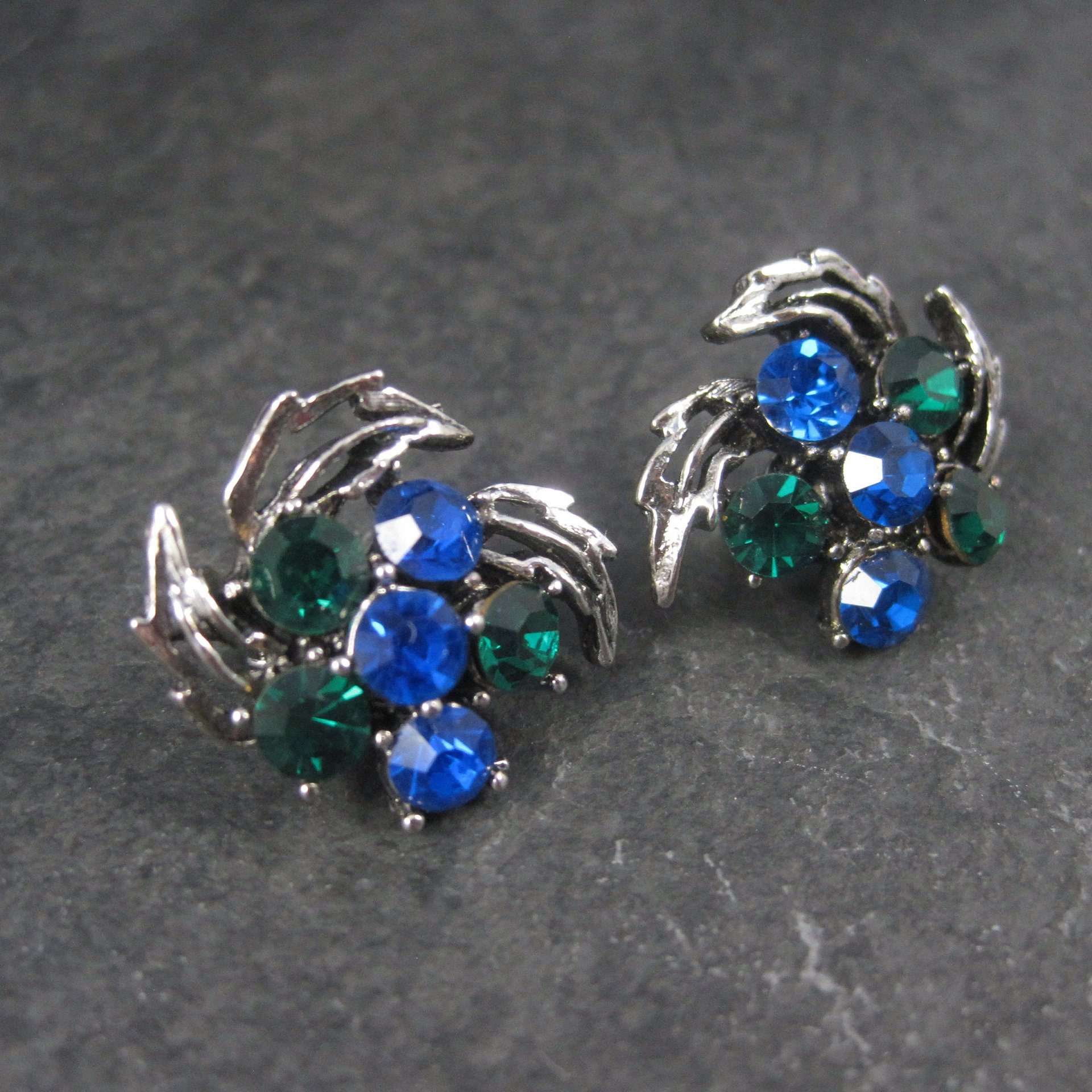 Vintage Blue and Green Rhinestone Clip On Earrings