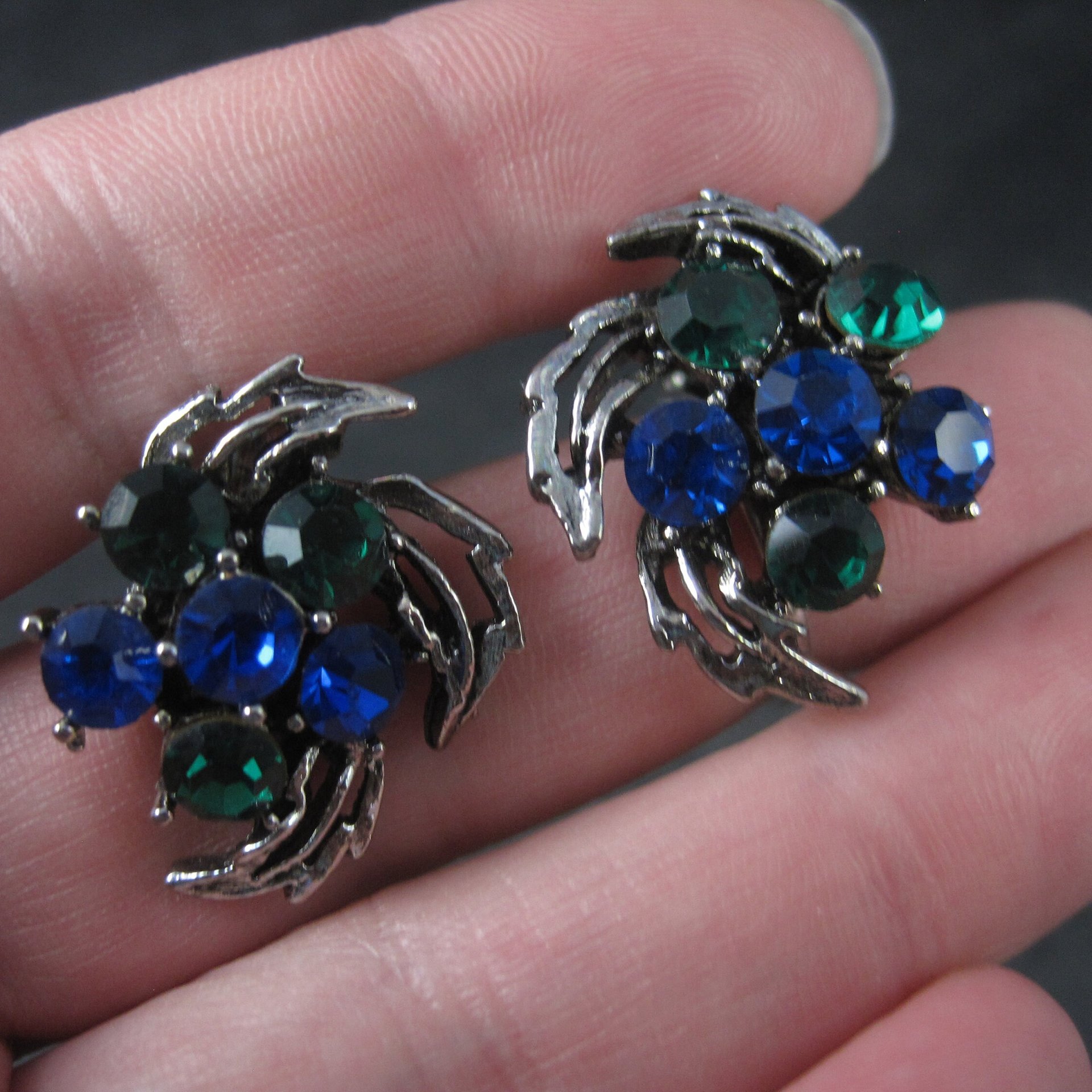 Vintage Blue and Green Rhinestone Clip On Earrings