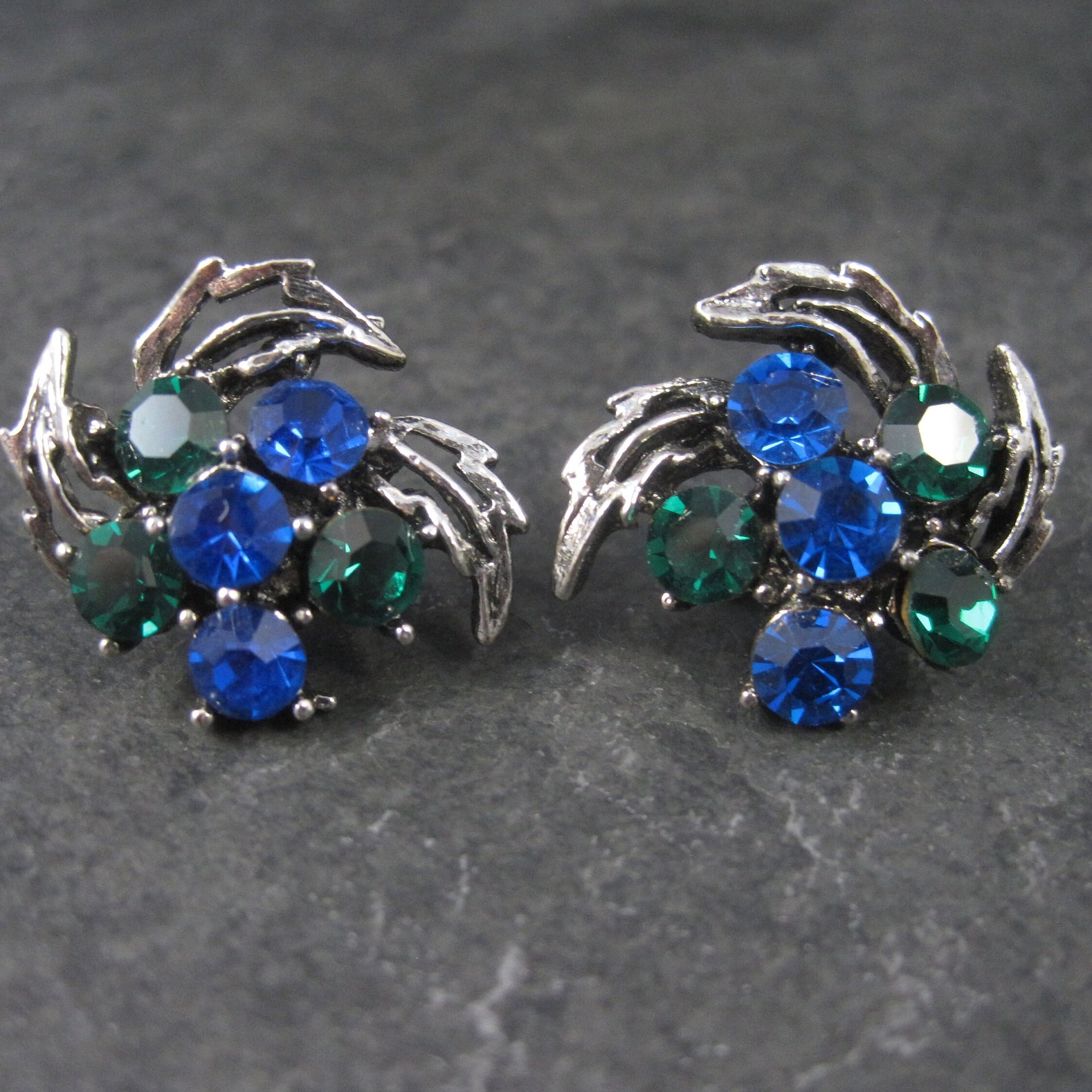 Vintage Blue and Green Rhinestone Clip On Earrings