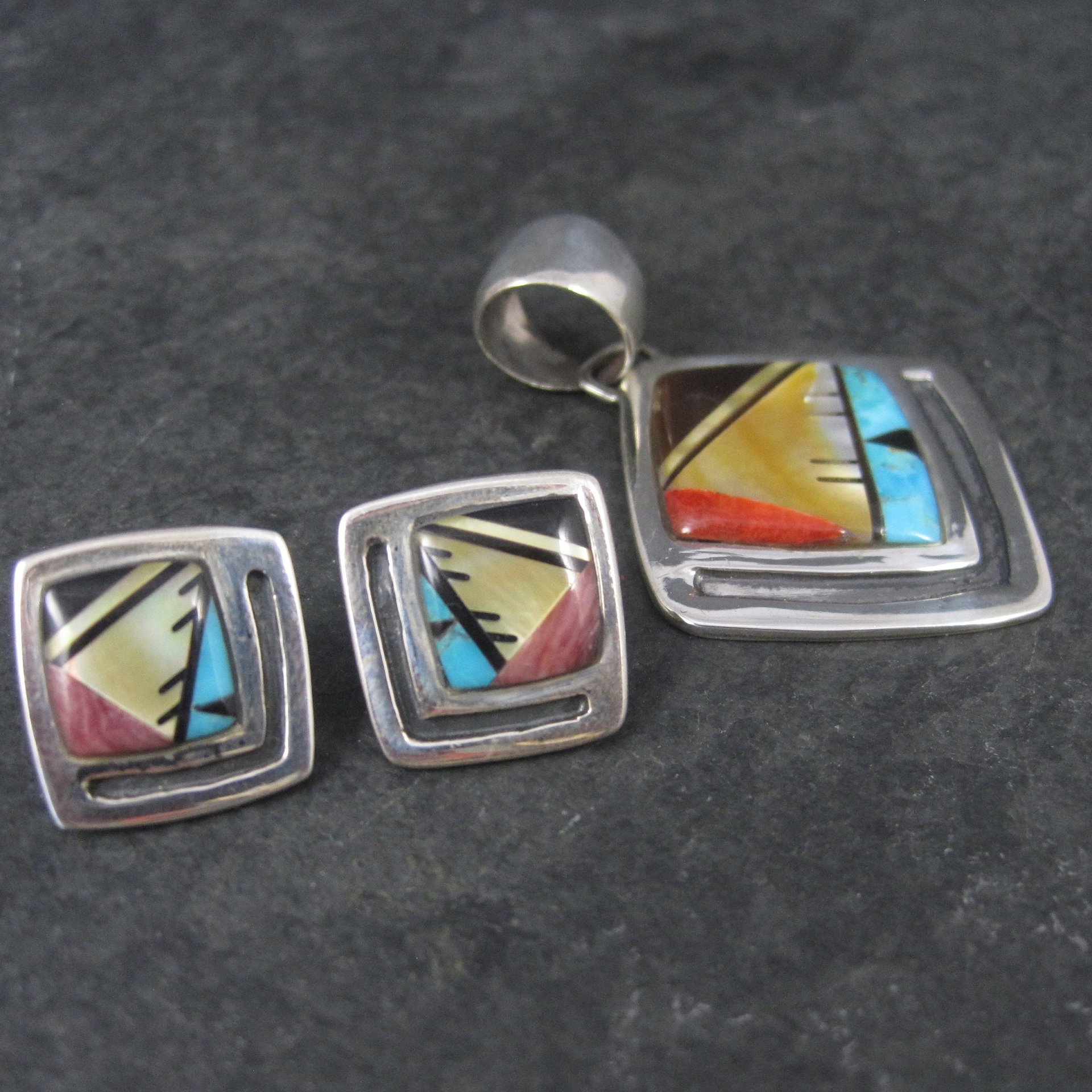 Vintage Southwestern Sterling Inlay Pendant and Earrings Jewelry Set