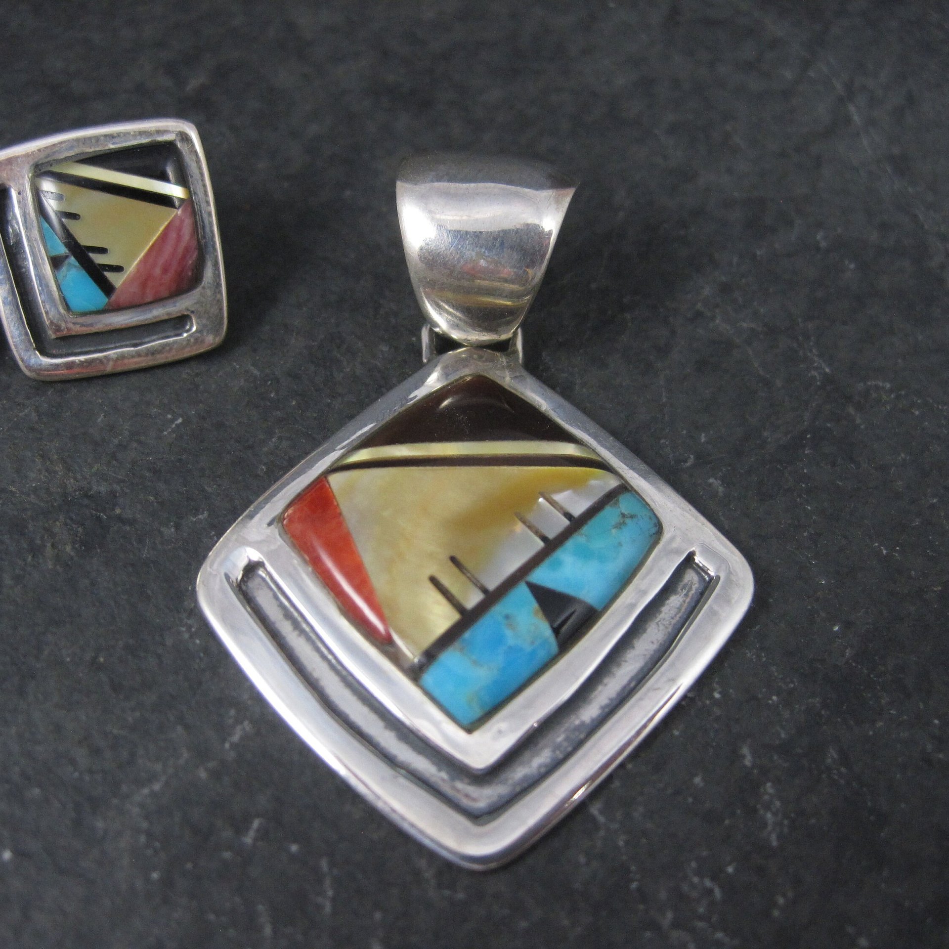 Vintage Southwestern Sterling Inlay Pendant and Earrings Jewelry Set
