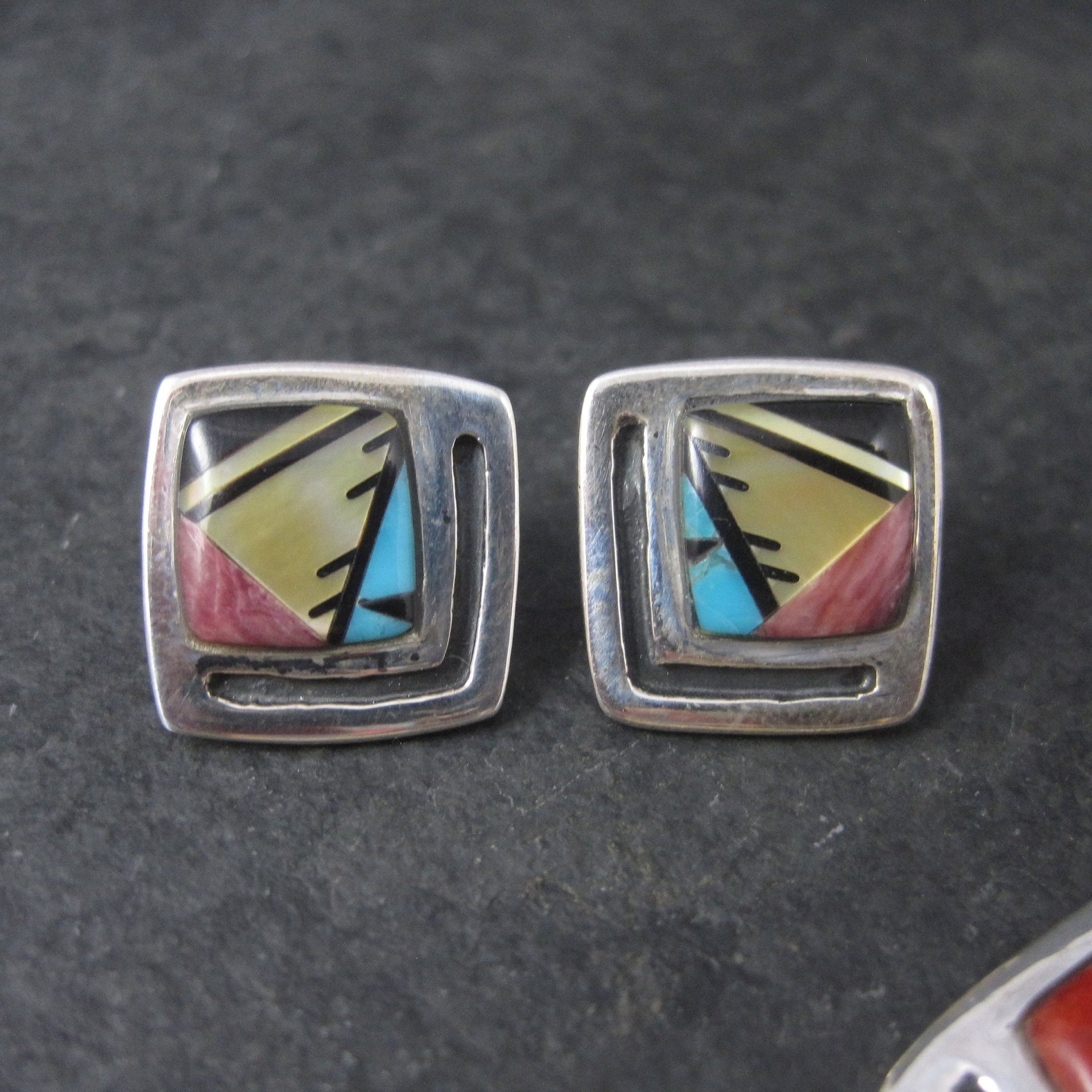 Vintage Southwestern Sterling Inlay Pendant and Earrings Jewelry Set