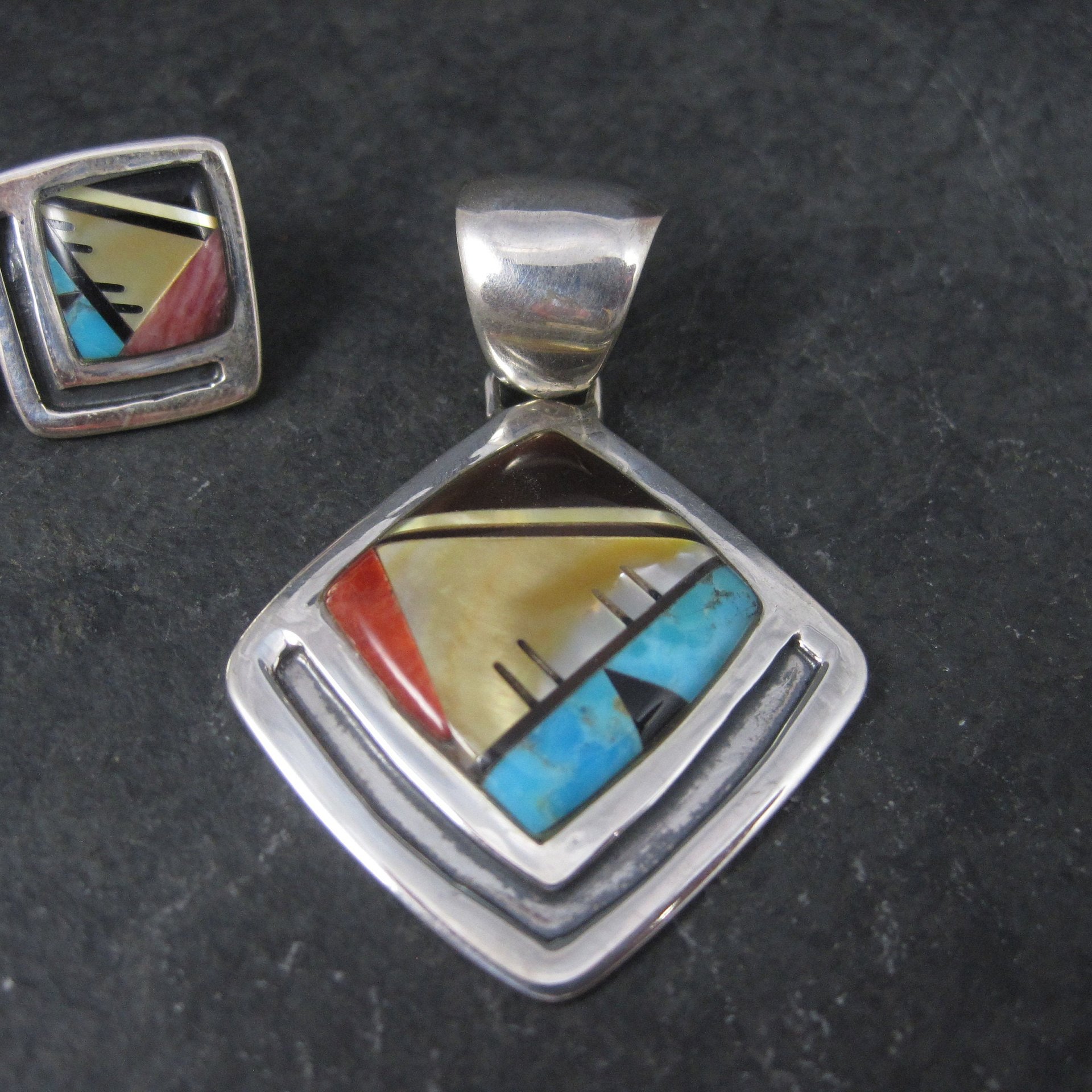 Vintage Southwestern Sterling Inlay Pendant and Earrings Jewelry Set