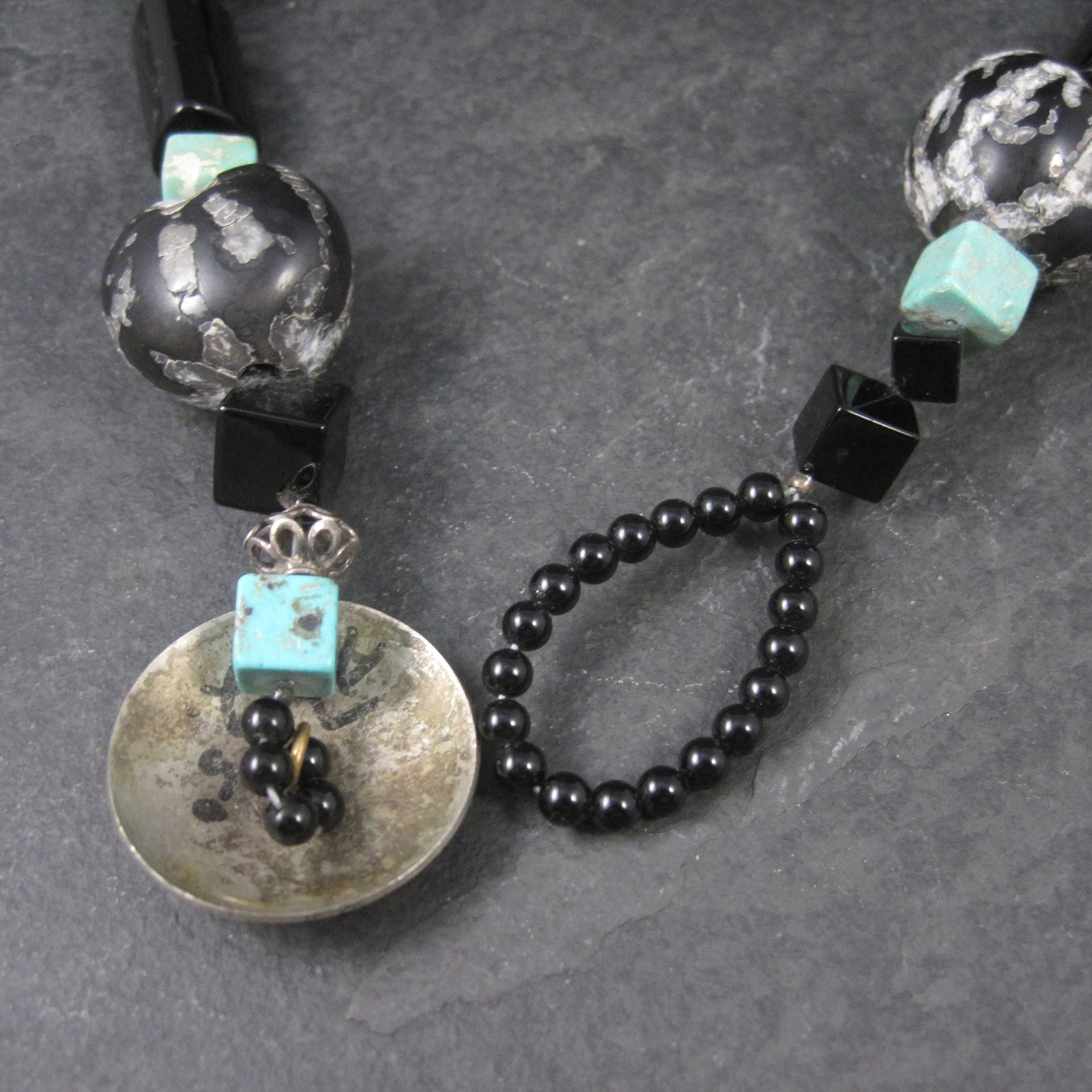 Estate Southwestern Sterling Turquoise Kukui Nut Necklace 20 Inches