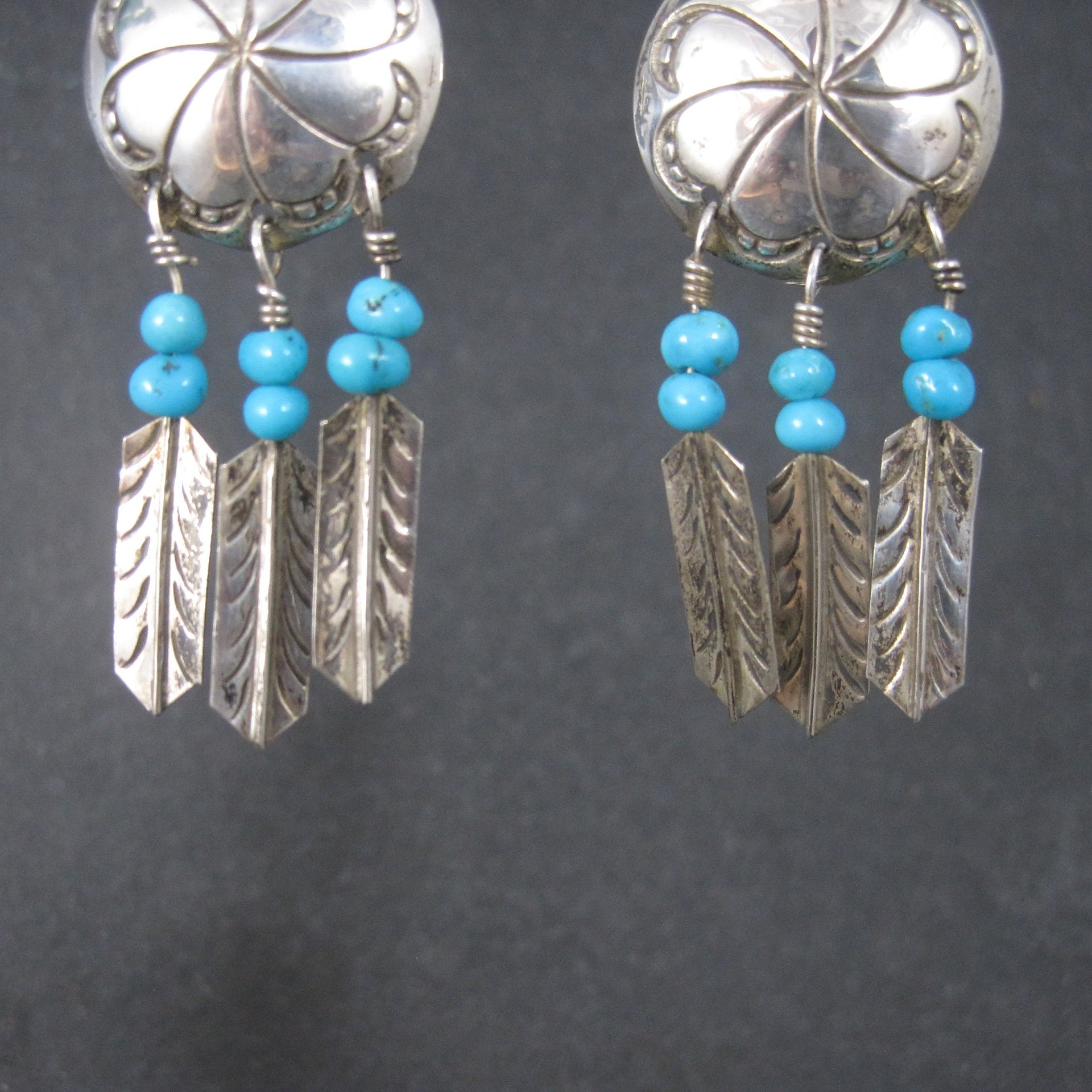 Estate Southwestern Sterling Concho Feather Earrings