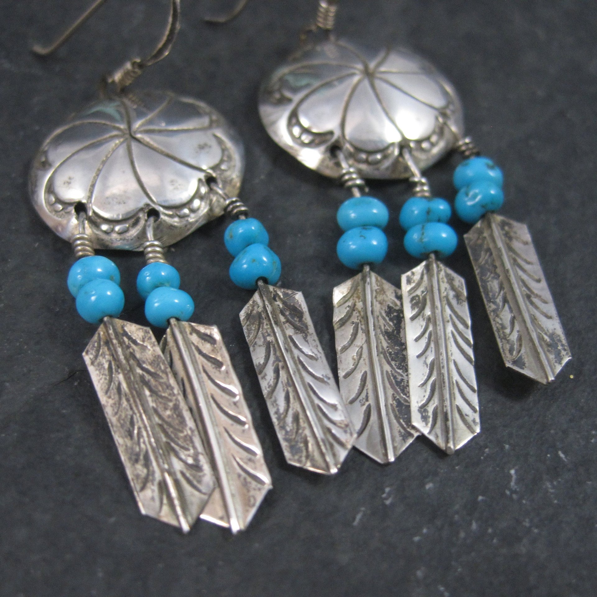 Estate Southwestern Sterling Concho Feather Earrings