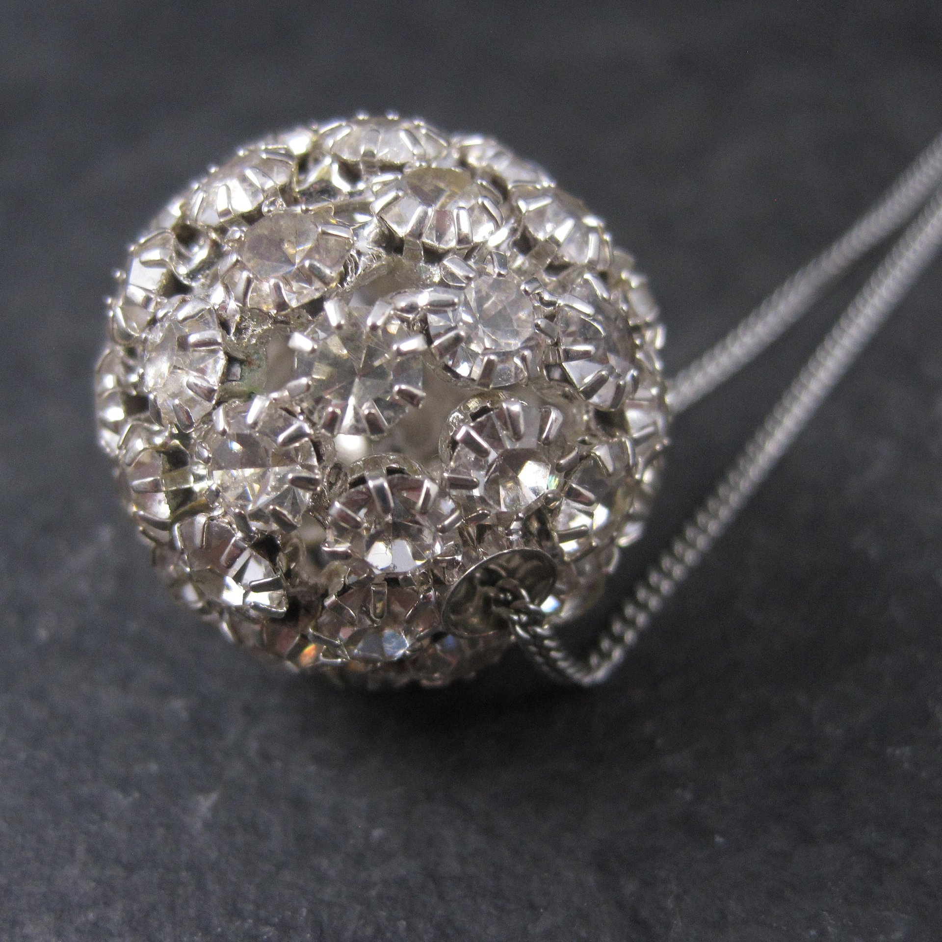Large Vintage Rhinestone Disco Ball Bead Pendant Necklace