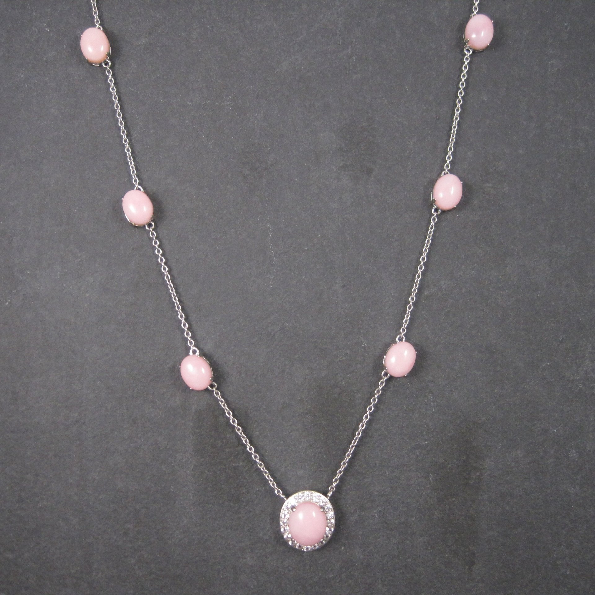 Vintage Sterling Pink Opal White Topaz Halo Necklace 24 Inches