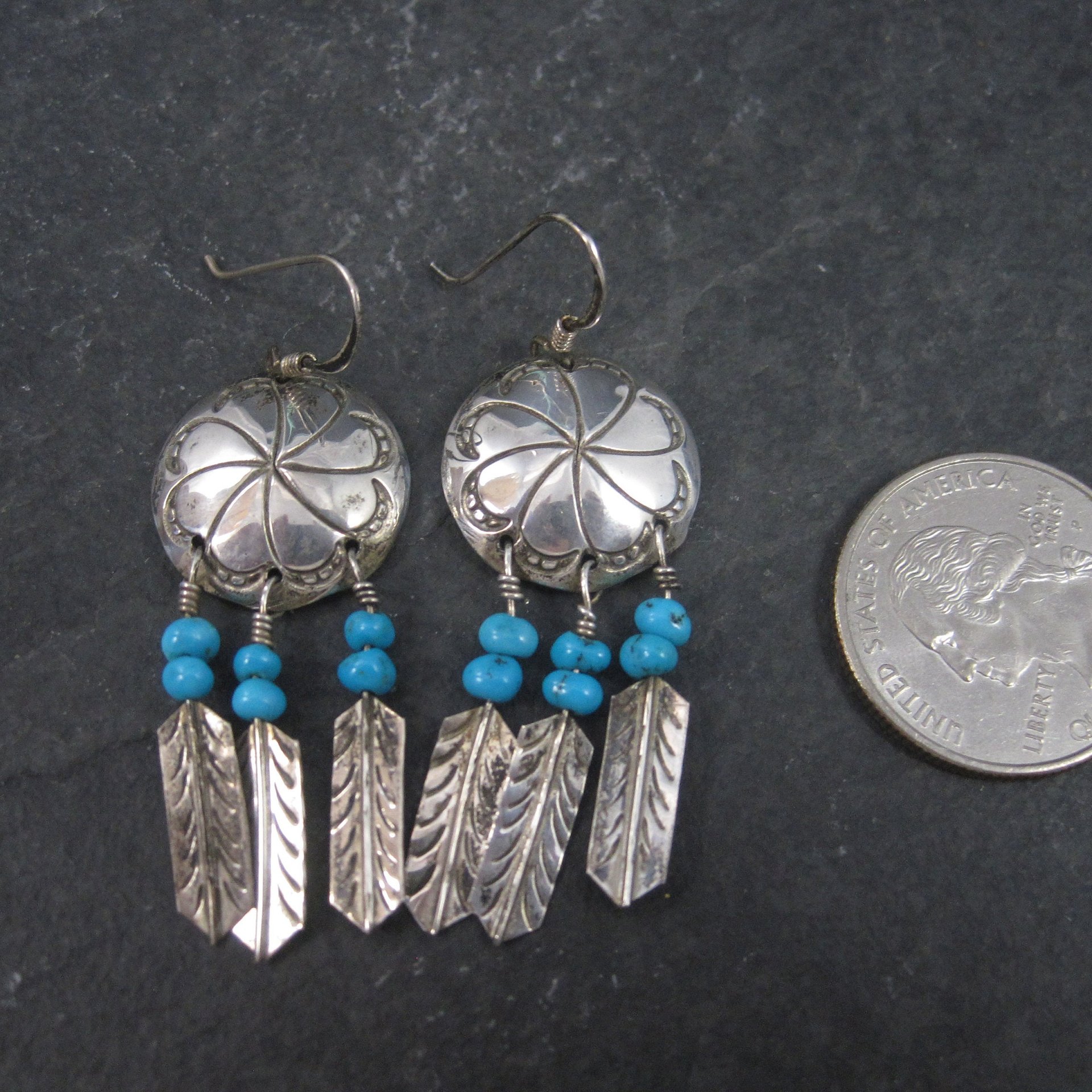 Estate Southwestern Sterling Concho Feather Earrings