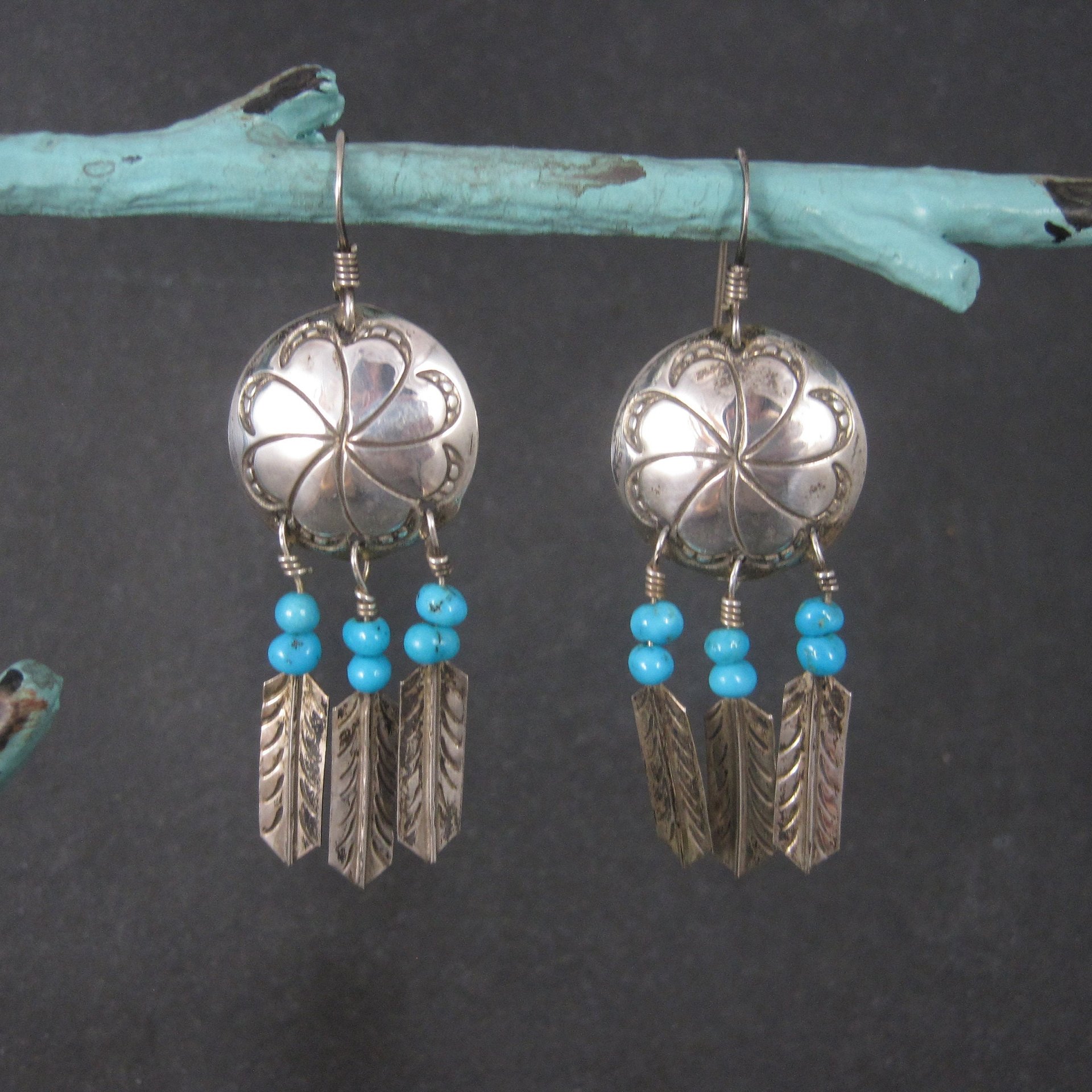 Estate Southwestern Sterling Concho Feather Earrings