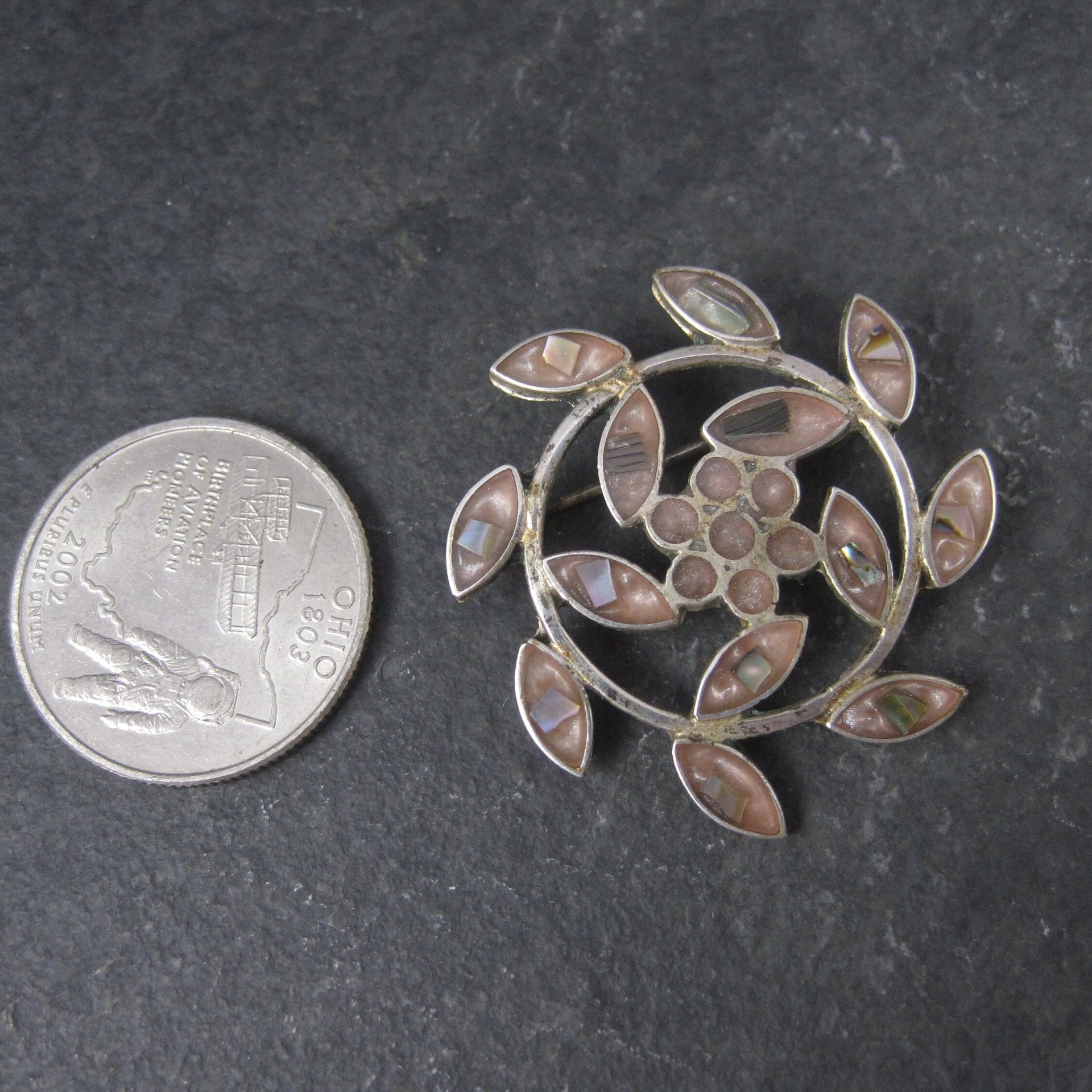 Estate Mexican Alpaca Abalone Flower Brooch