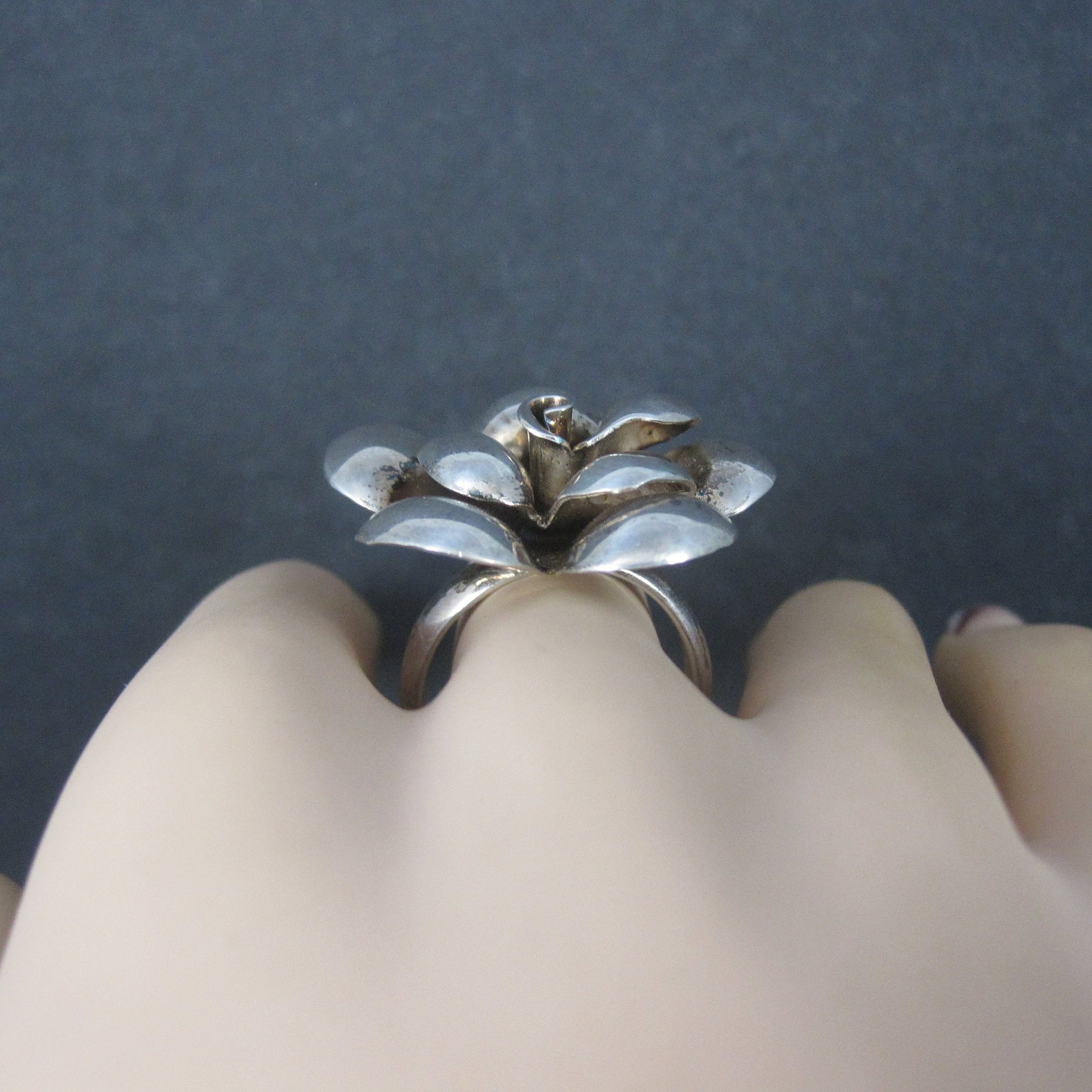 Large Sterling Dimensional Flower Ring Size 8.5