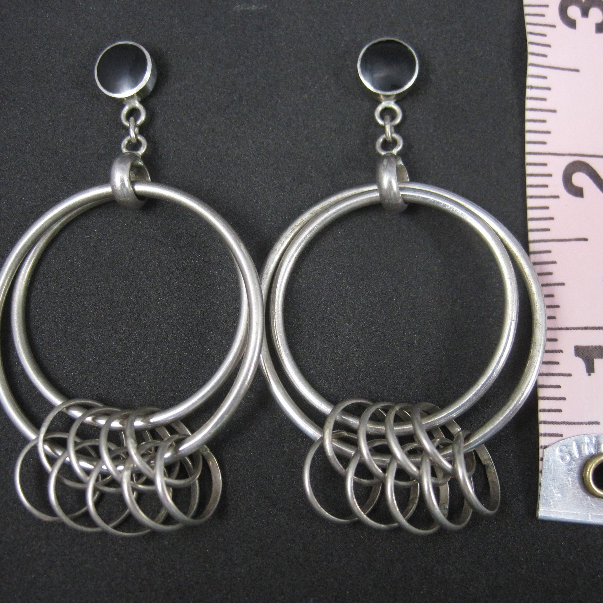 Large Vintage Sterling Onyx Circle Earrings