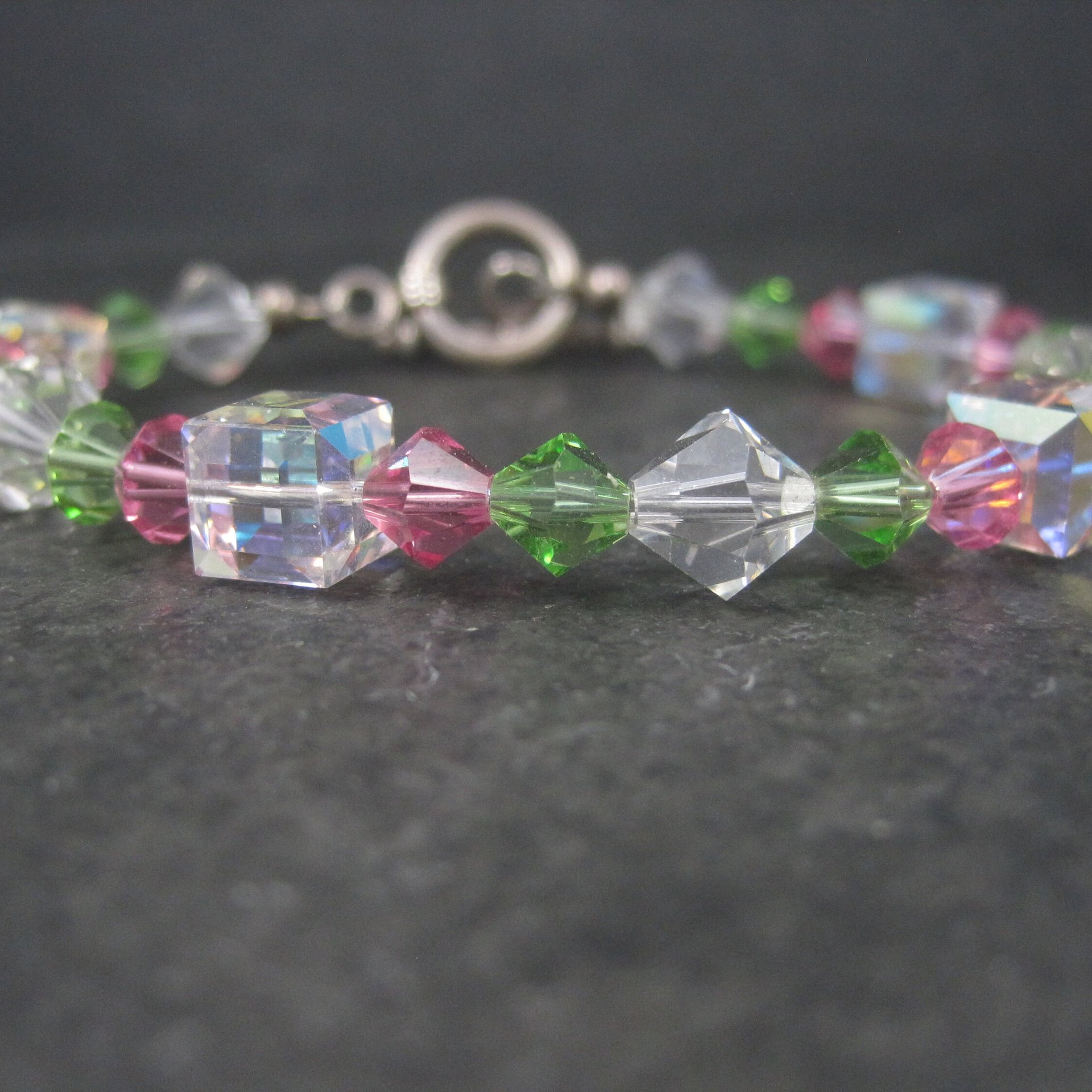 Pink and Green Crystal Toggle Bracelet 8 Inches