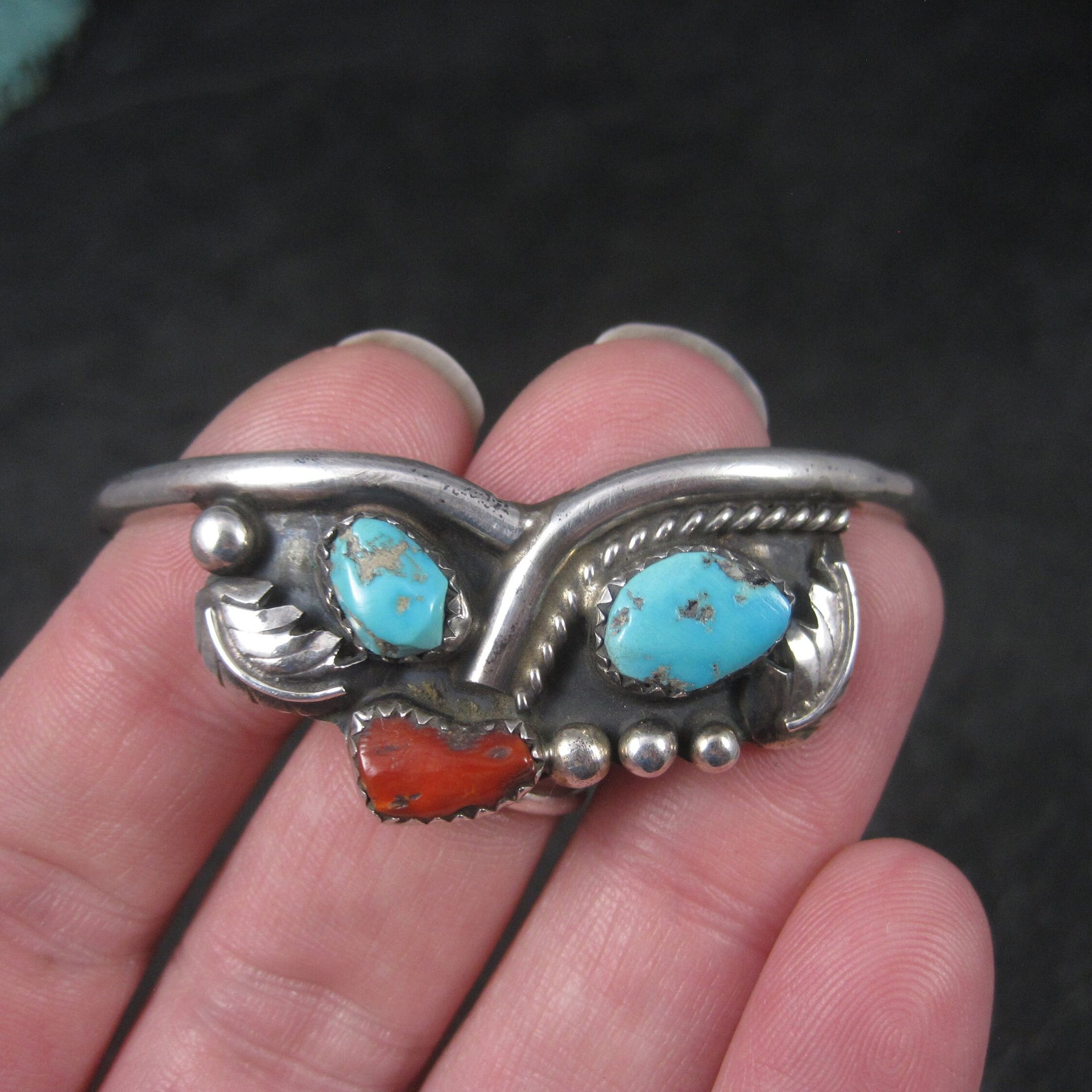 Vintage Southwestern Sterling Turquoise Coral Cuff Bracelet 6.25 Inches