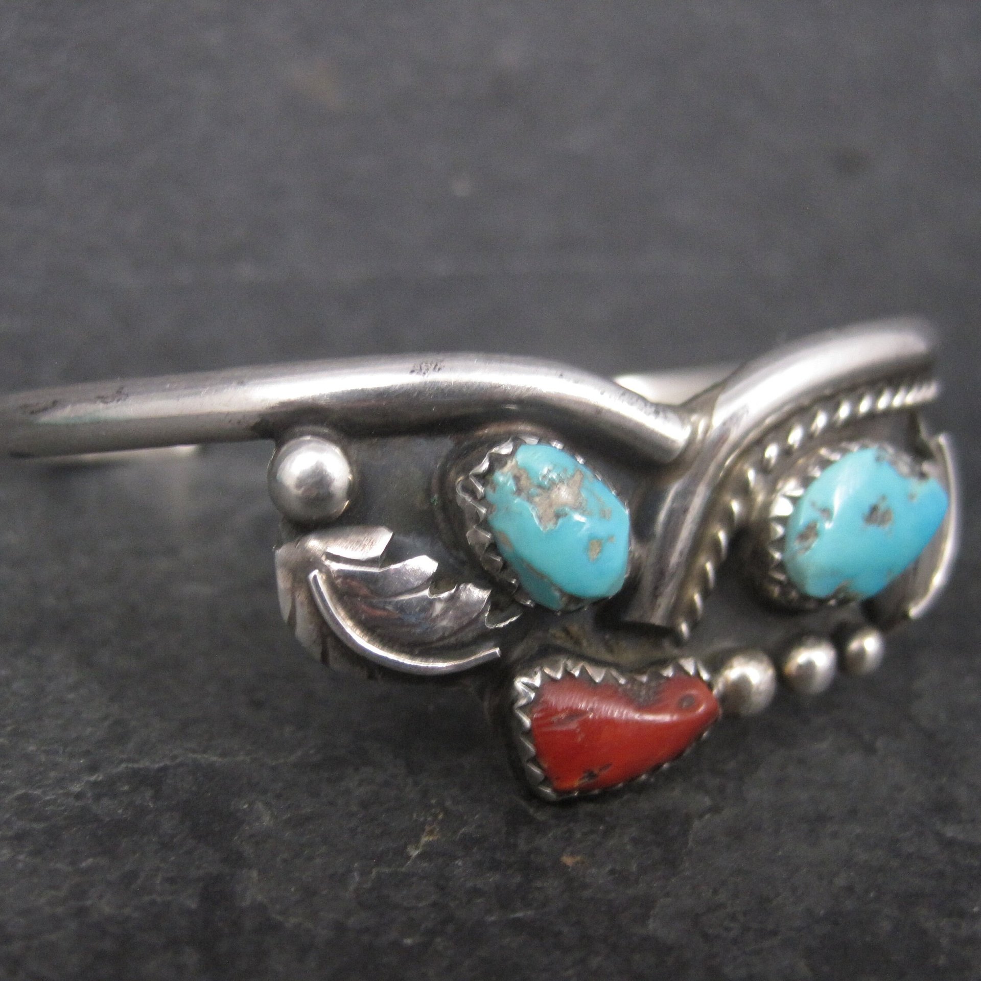 Vintage Southwestern Sterling Turquoise Coral Cuff Bracelet 6.25 Inches