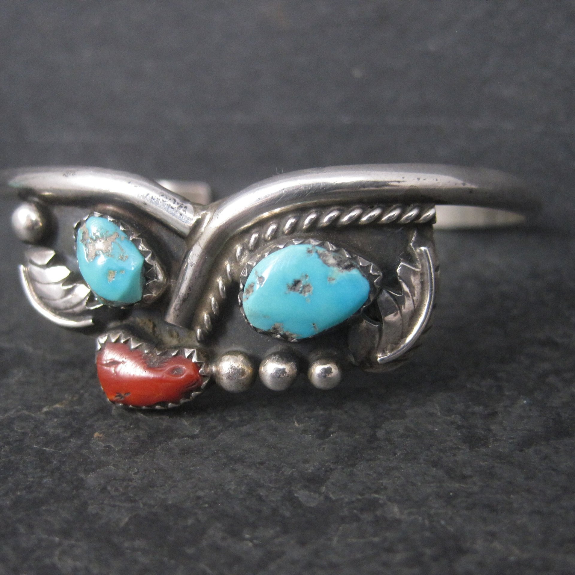 Vintage Southwestern Sterling Turquoise Coral Cuff Bracelet 6.25 Inches