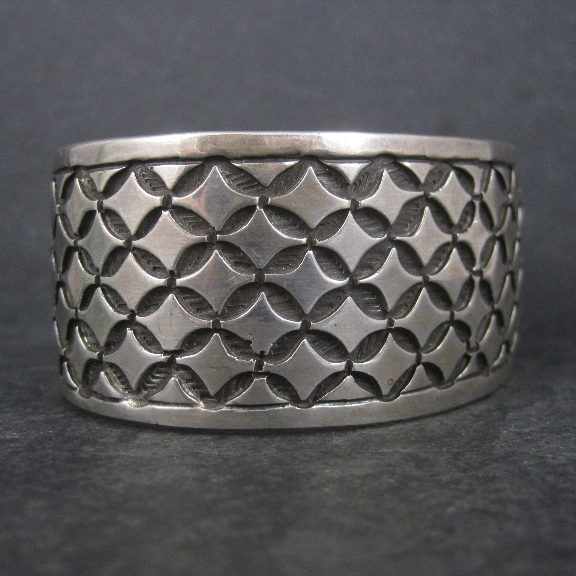 Wide Vintage Mexican Sterling Silver Tribal Cuff Bracelet 7 Inches CII