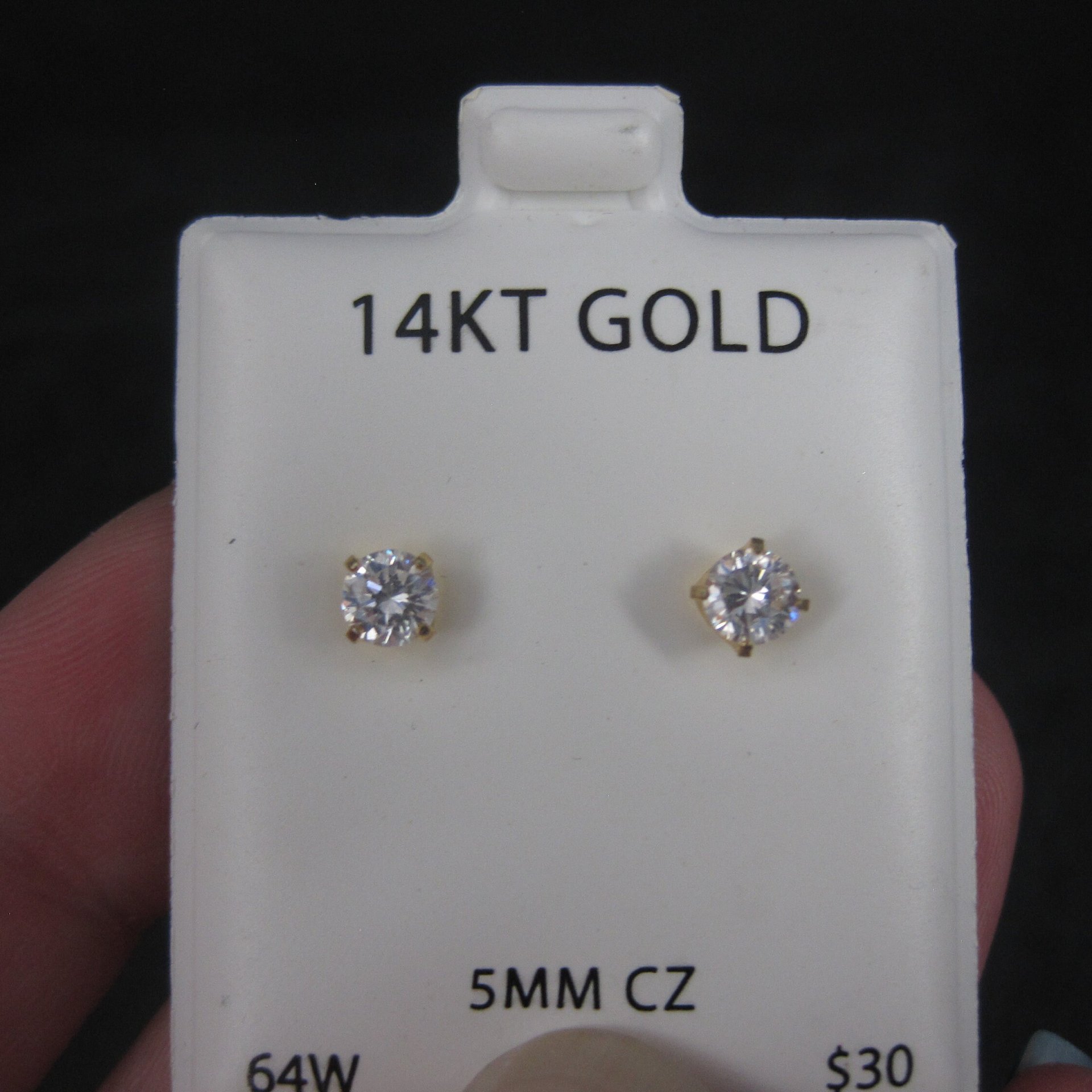 Vintage 14K 5mm Cubic Zirconia Piercing Stud Earrings