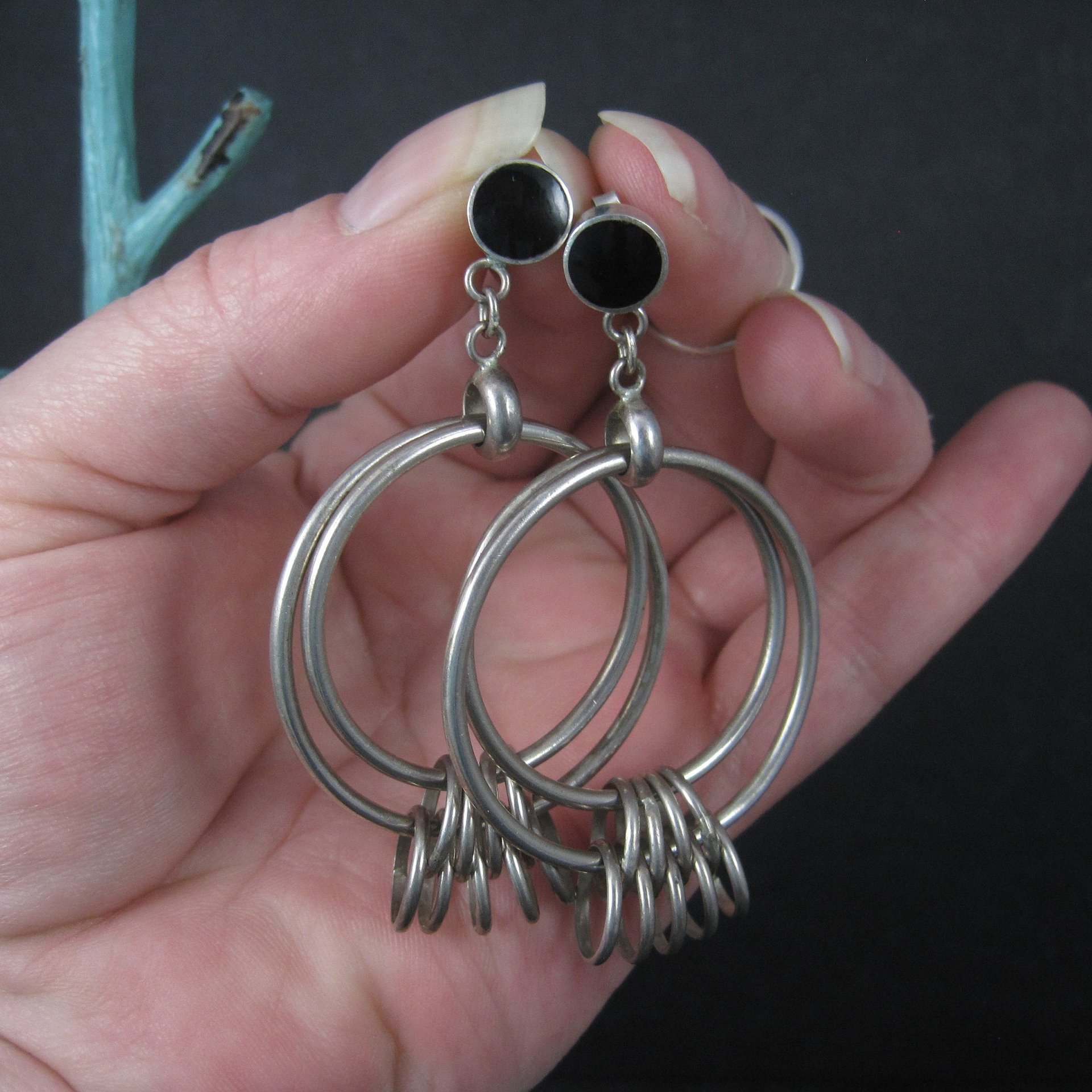 Large Vintage Sterling Onyx Circle Earrings