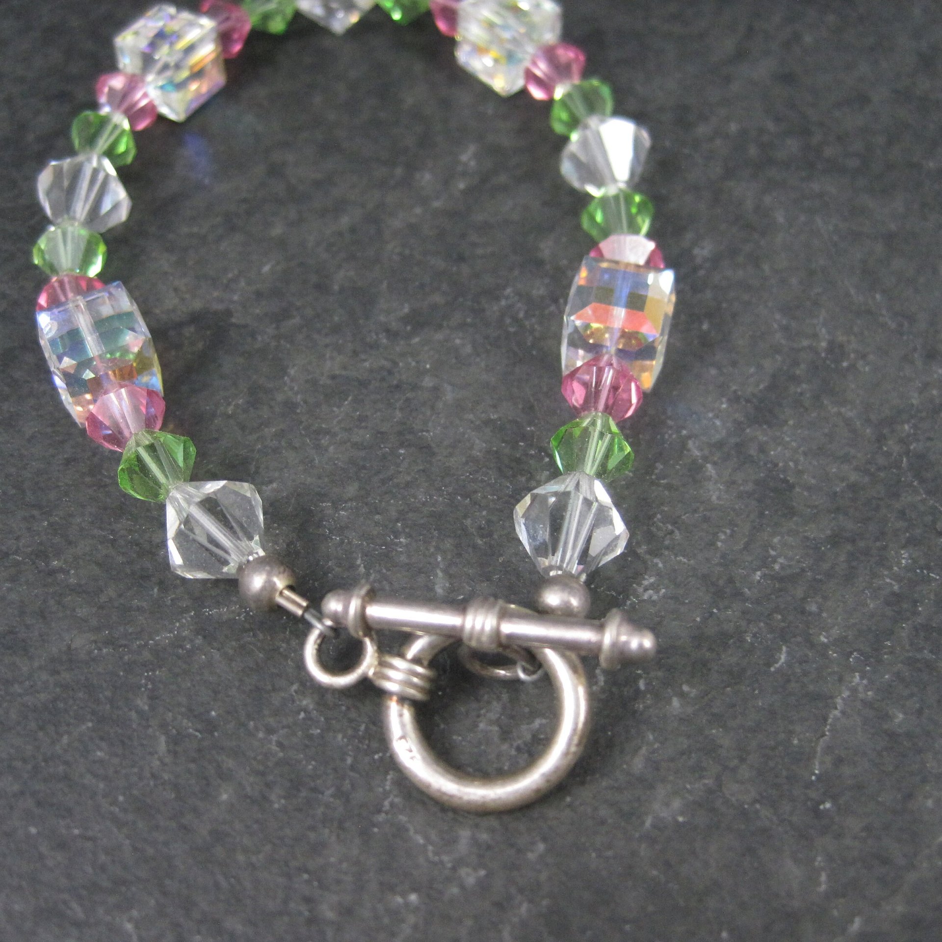 Pink and Green Crystal Toggle Bracelet 8 Inches