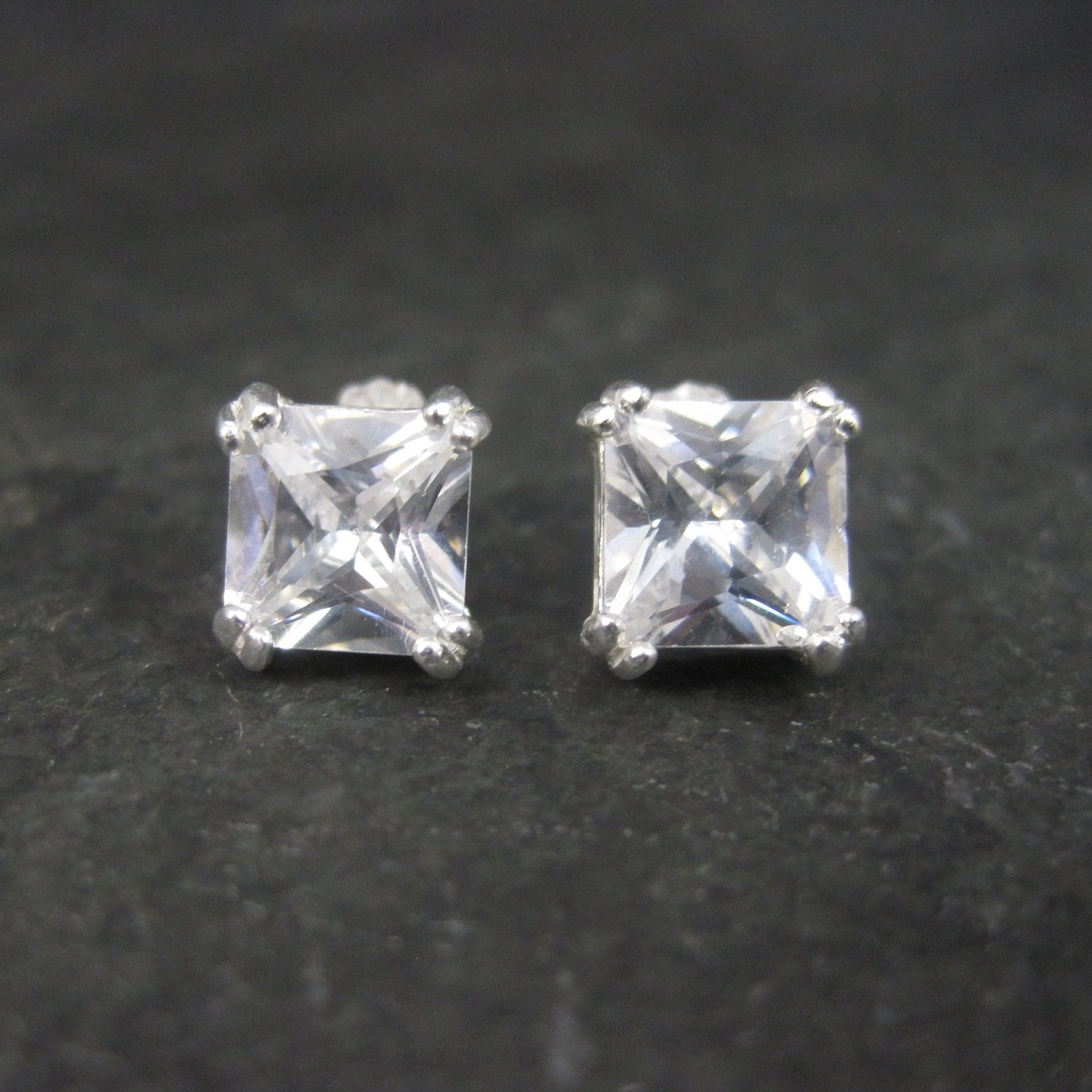 Vintage Sterling 7mm Princess Cut Cubic Zirconia Stud Earrings