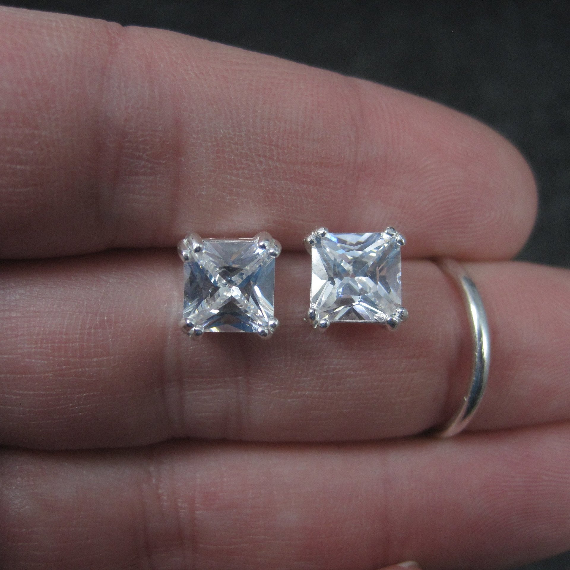 Vintage Sterling 7mm Princess Cut Cubic Zirconia Stud Earrings