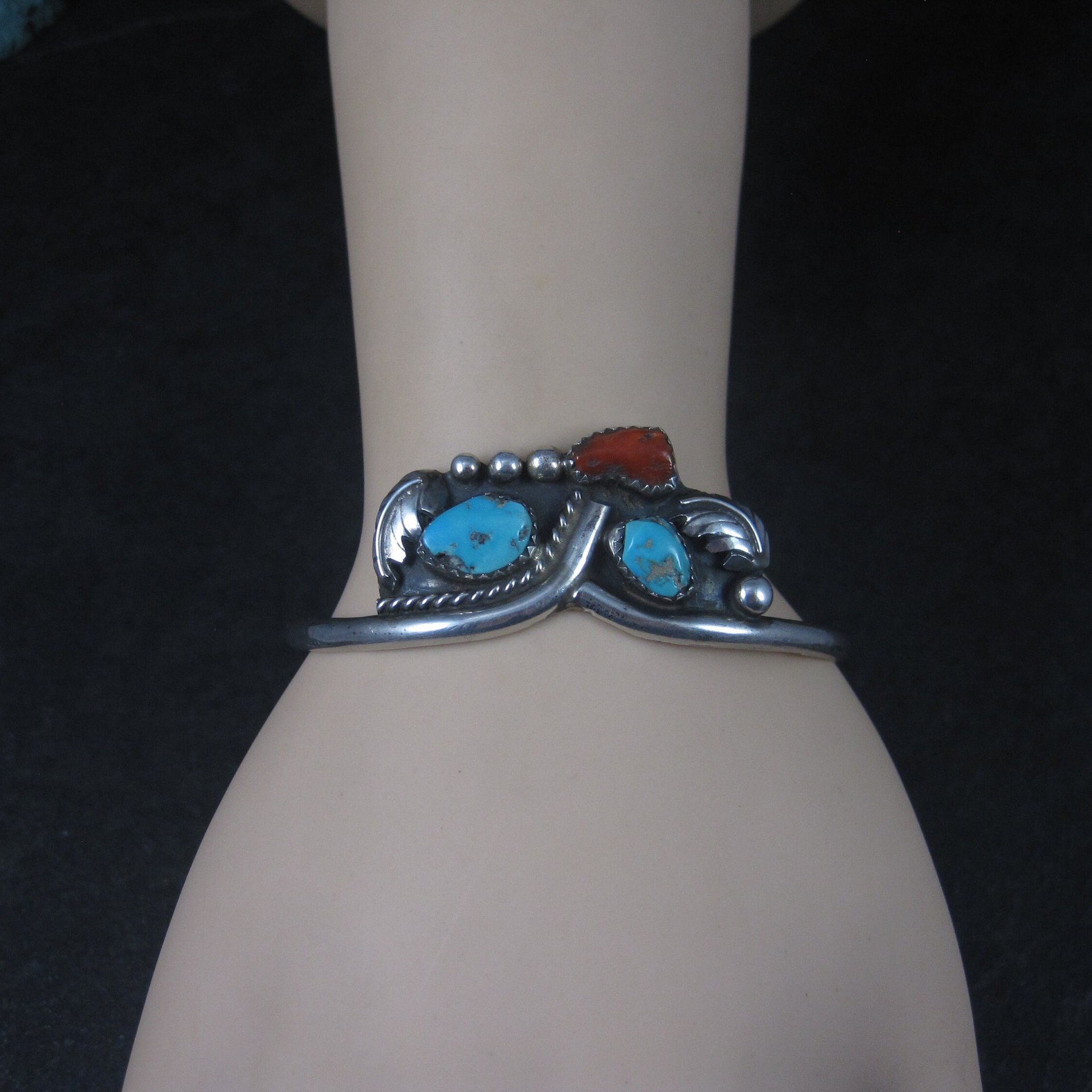 Vintage Southwestern Sterling Turquoise Coral Cuff Bracelet 6.25 Inches