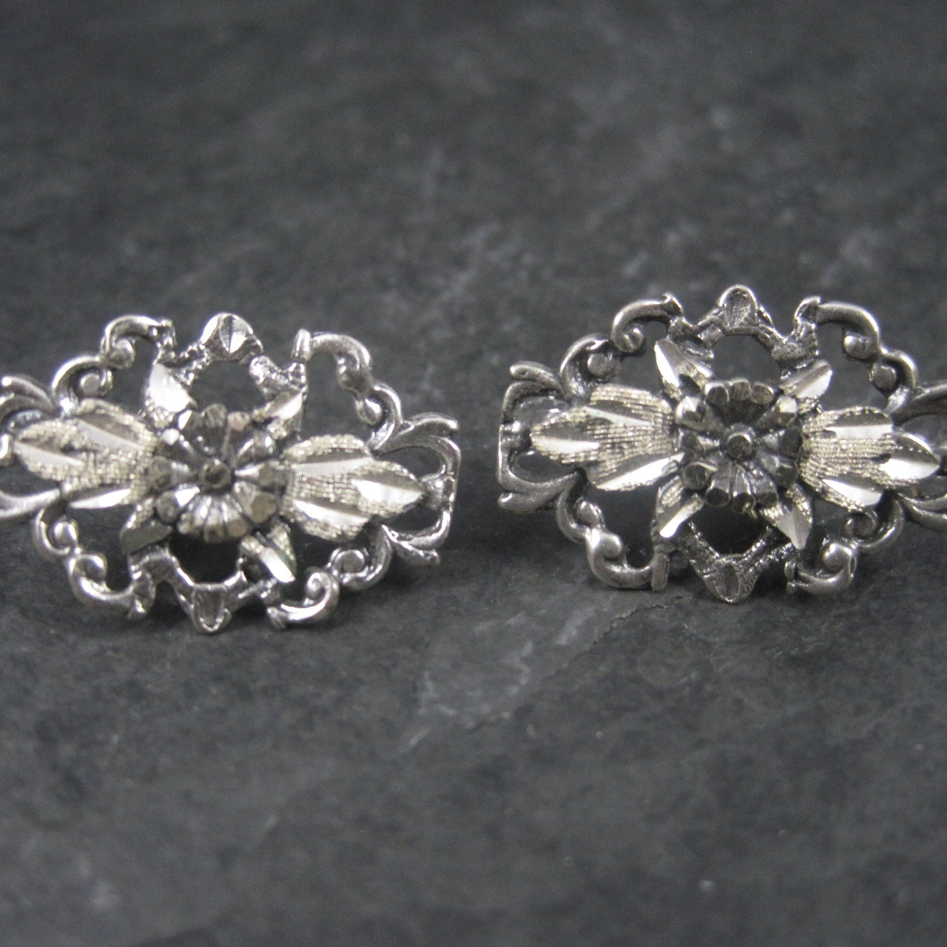 Vintage Sterling Diamond Cut Flower Earrings Langers Black Hills Silver Jewelry