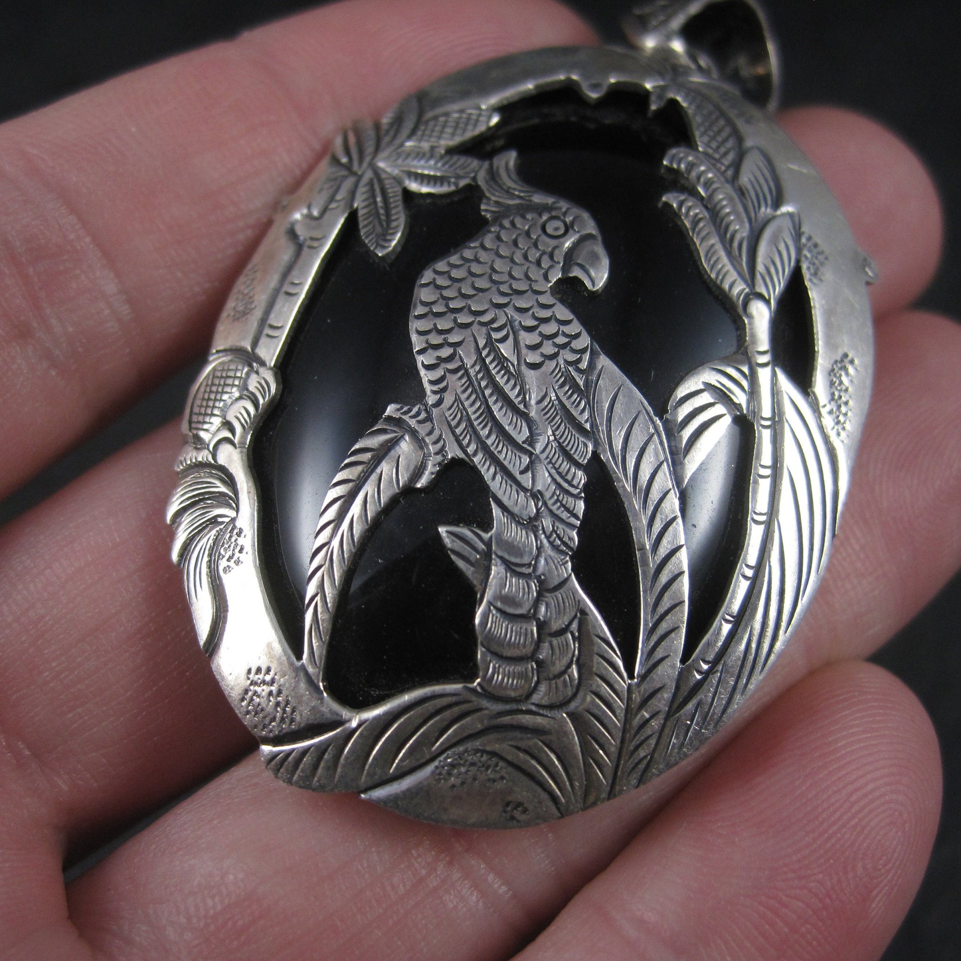 Large Sterling Onyx Parrot Pendant