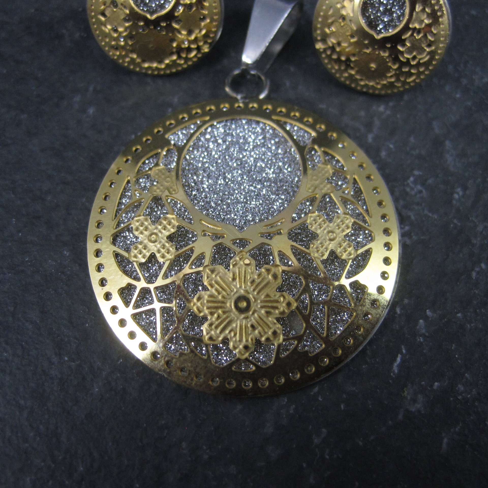 Estate Filigree Floral Pendant Earrings Jewelry Set Stainless Steel