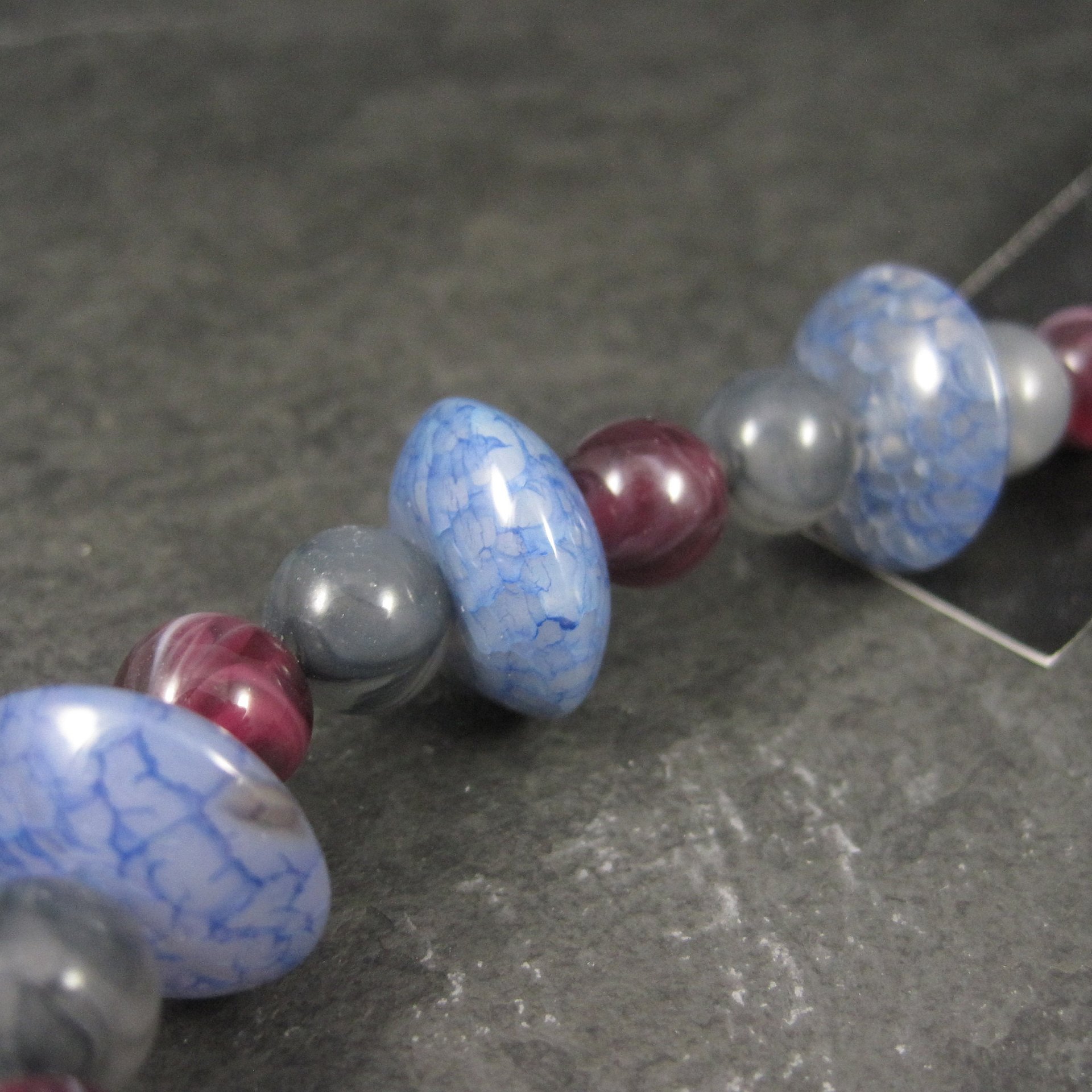 Blue Maroon Gray Agate and Acrylic Bead Strand