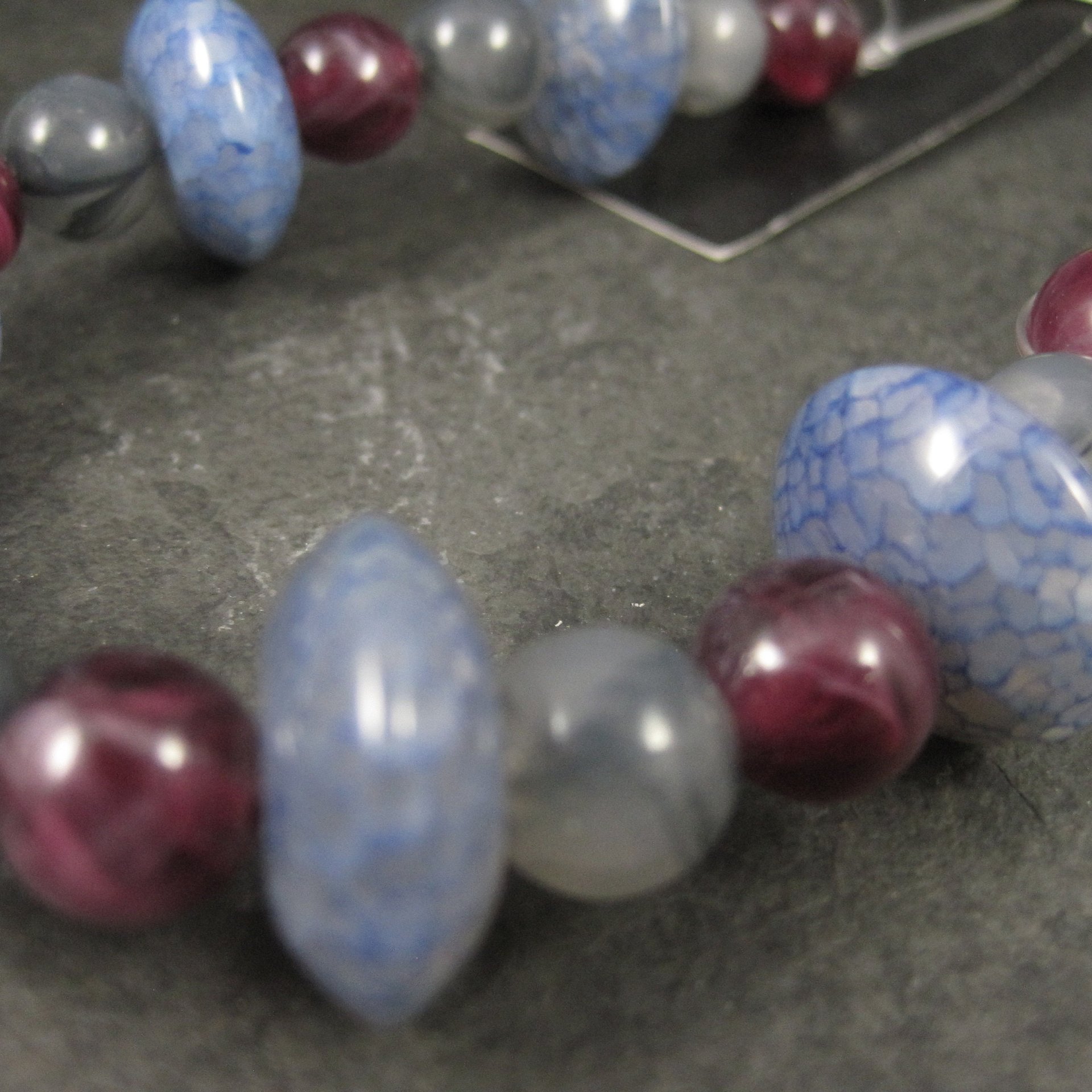 Blue Maroon Gray Agate and Acrylic Bead Strand